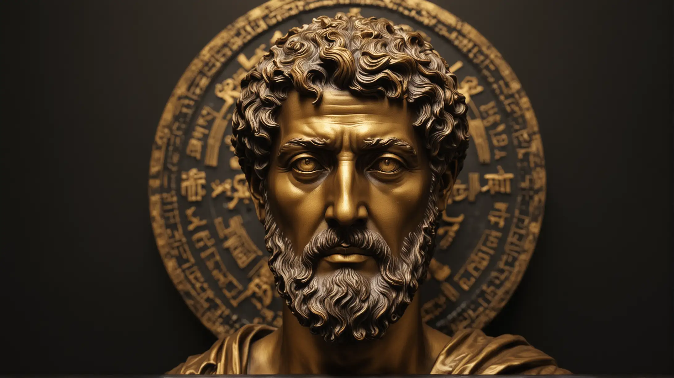 stoic philosopher facing front  with appealing gold and black background
