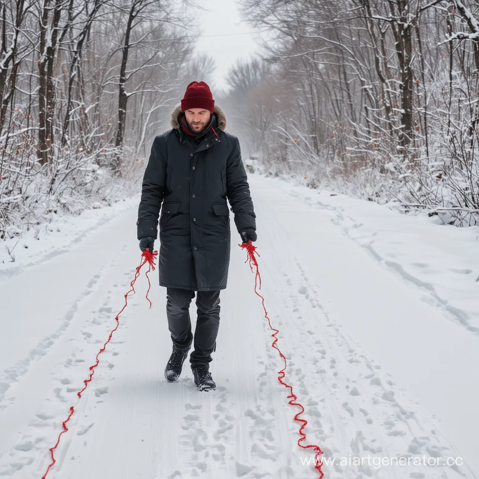 мужчина идёт по снежной дороге , у него в руках красная нить, которая тянется за ним