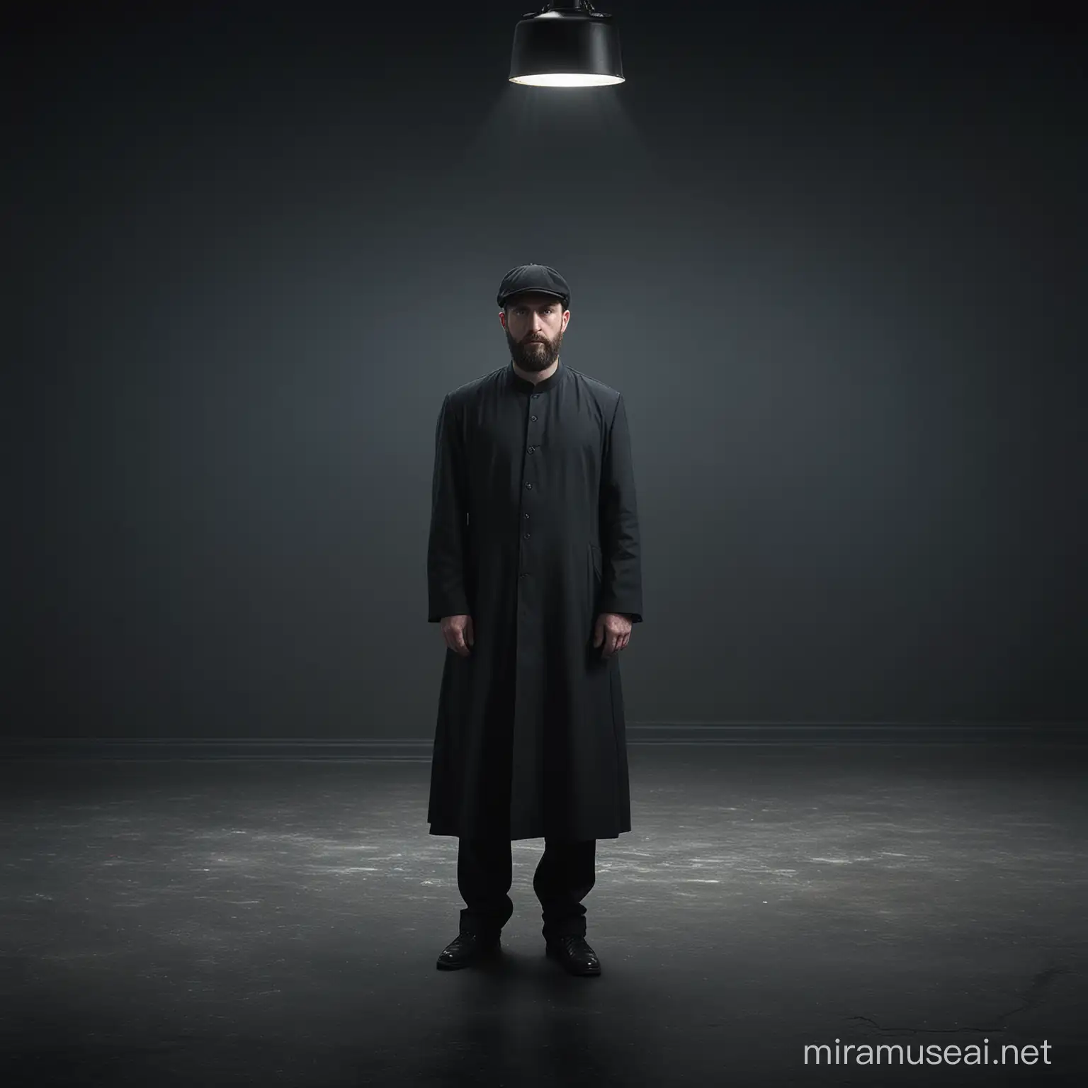 Man with short beard, slightly distant, tall style, head down, center of image, long black dress, black cap, dark gray room, sad, round interior, blue and red professional lighting, high detail, high quality,