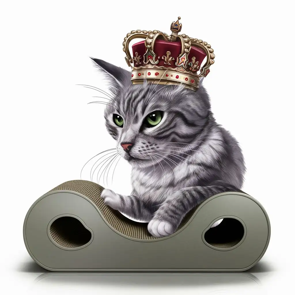 I'm seeking a highly realistic portrayal of a male cat with a strong presence, characterized by piercing green eyes and a coat of elegant gray fur. The depiction should include an accurately detailed royal crown resting on the cat's head. The scene should be set on a high-quality figure 8 cat scratcher, with the cat positioned sideways and authentically engaged in scratching the surface.