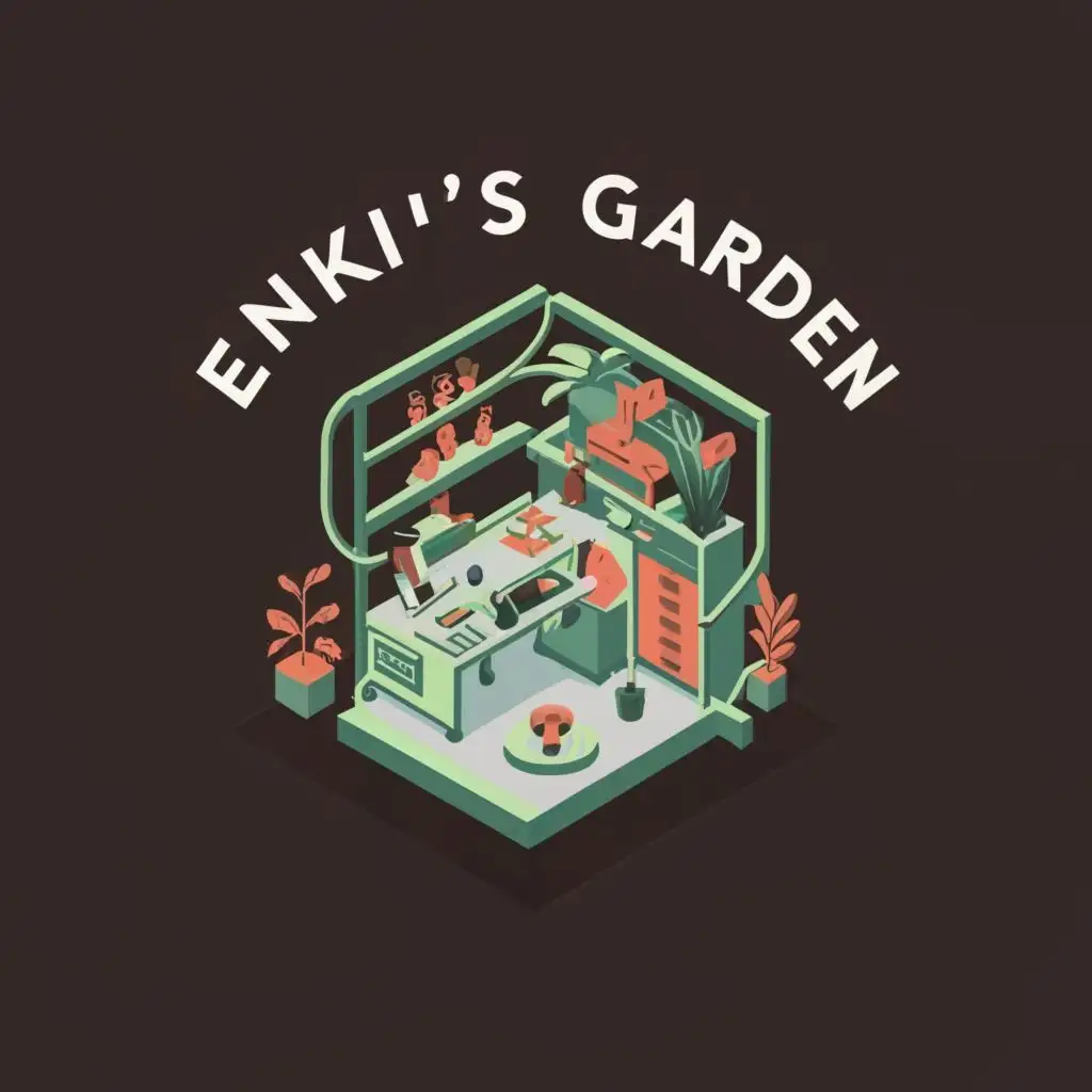 logo, A lab with a garden inside it., with the text "Enki's Garden", typography