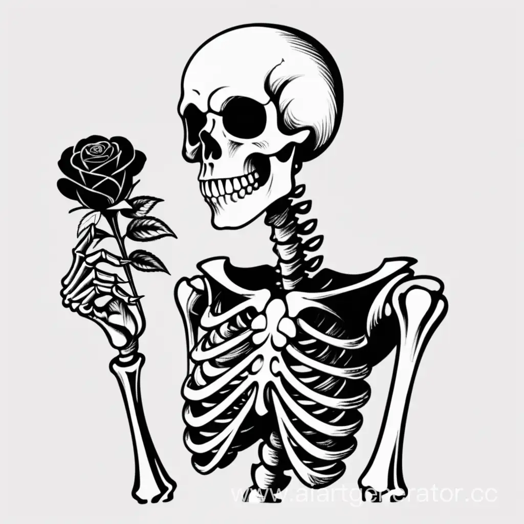 Нарисуй скелета который держит розу, используй только чёрные и белые цвета