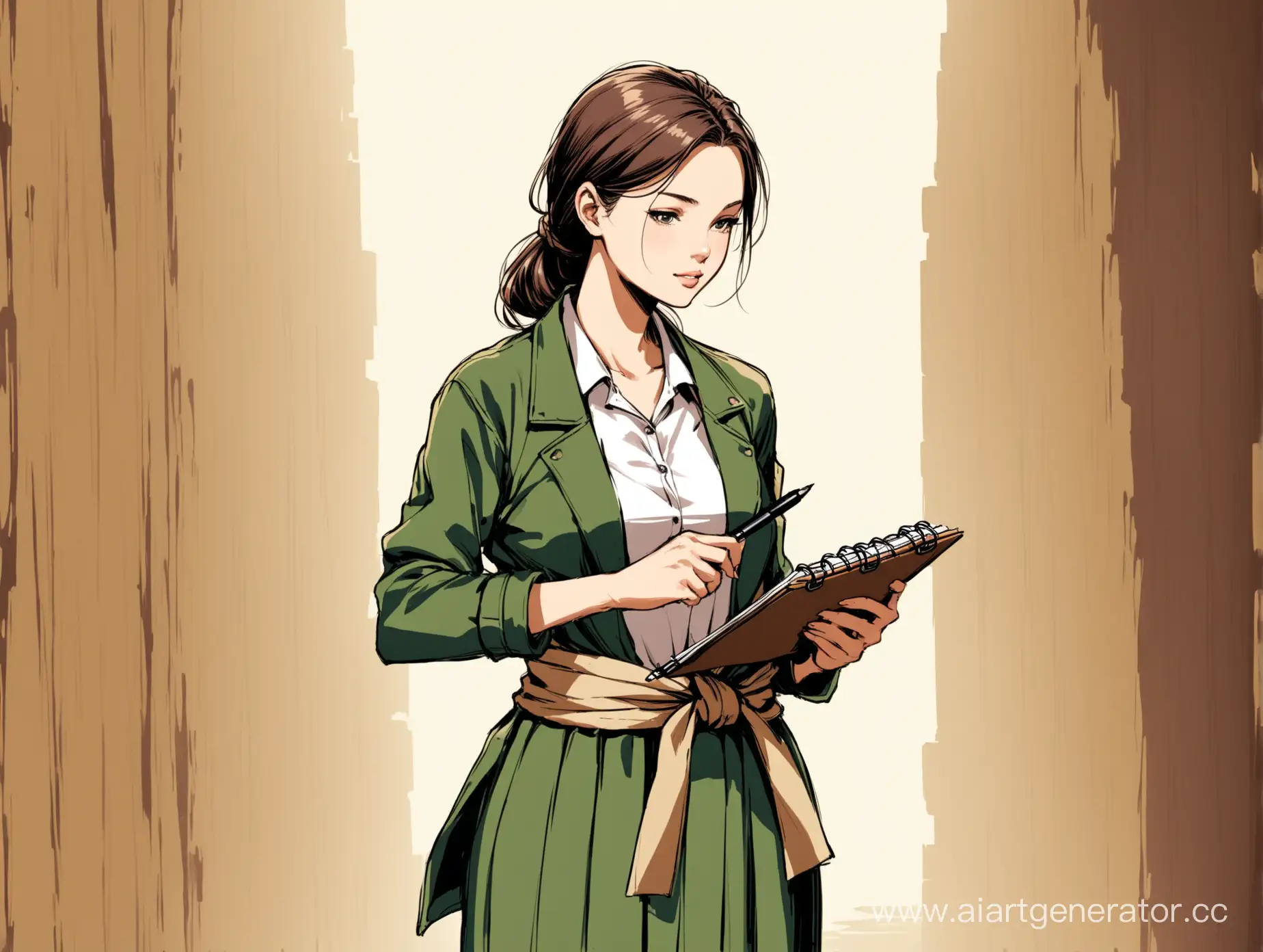 нарисованный женщина с блокнотом и ручкой в руках по пояс в пиджаке в примитивном стиле
