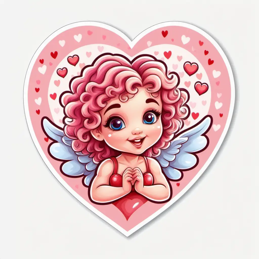 Cute,fairytale,whimsical, pastel,cartoon, cupid,wavy hair, beautiful valentine background, with valentine hearts around, sticker,white background, bright,colorful
