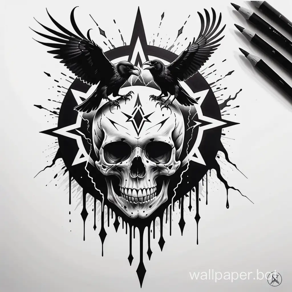 Horror tattoo lineart, Skull , raven ,  masterpiece, assimetric dark black cloud, blackwork, dripping black, explosive Lightning circular pattern , chaos, stencil monochromatic,