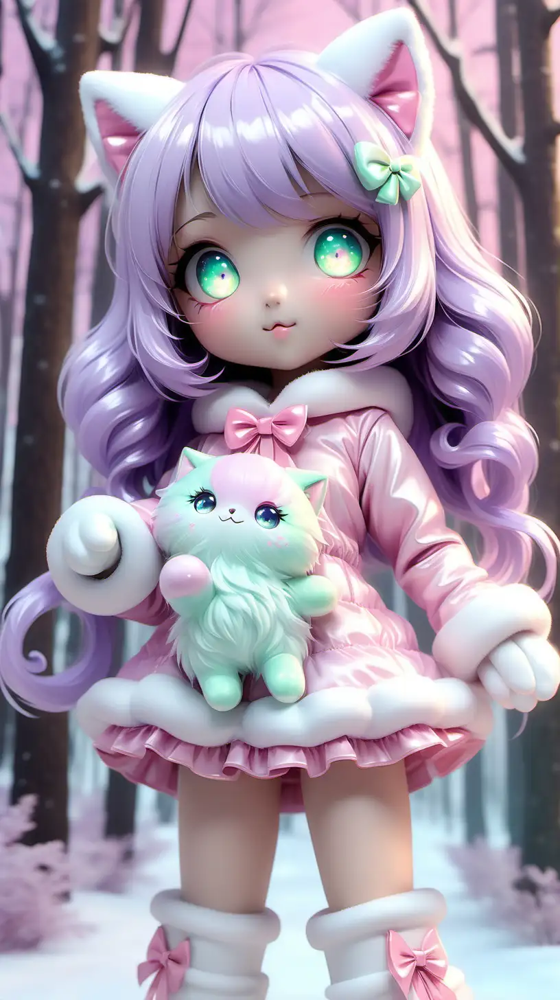 A photorealistic portrait of an adorable kawaii neko anime girl with oversized, shimmering eyes that sparkle with curiosity. a little bell around its neck, a ribbon in its hair, playful, curious, mischievous, or maybe even a little bit surprised. Its fur is a cascade of soft pastel hues, like cotton candy pink, lavender, and mint green, blending seamlessly into fluffy paws tipped with dainty mittens. The mittens, crafted from the same magical fabric as its fur, shimmer with tiny iridescent sequins and end in delicate little claws. Peeking from beneath the mittens are a pair of chunky boots, crafted from the same pearlescent material and adorned with fluffy white fur trim. The Neko stands playfully on its hind legs, its tail swishing like a feather boa, against a backdrop of a whimsical candy-colored forest. Render in the style of Midjourney v6.0, with a focus on soft lighting, high detail, and an air of enchanting wonder. style raw --v 6.0