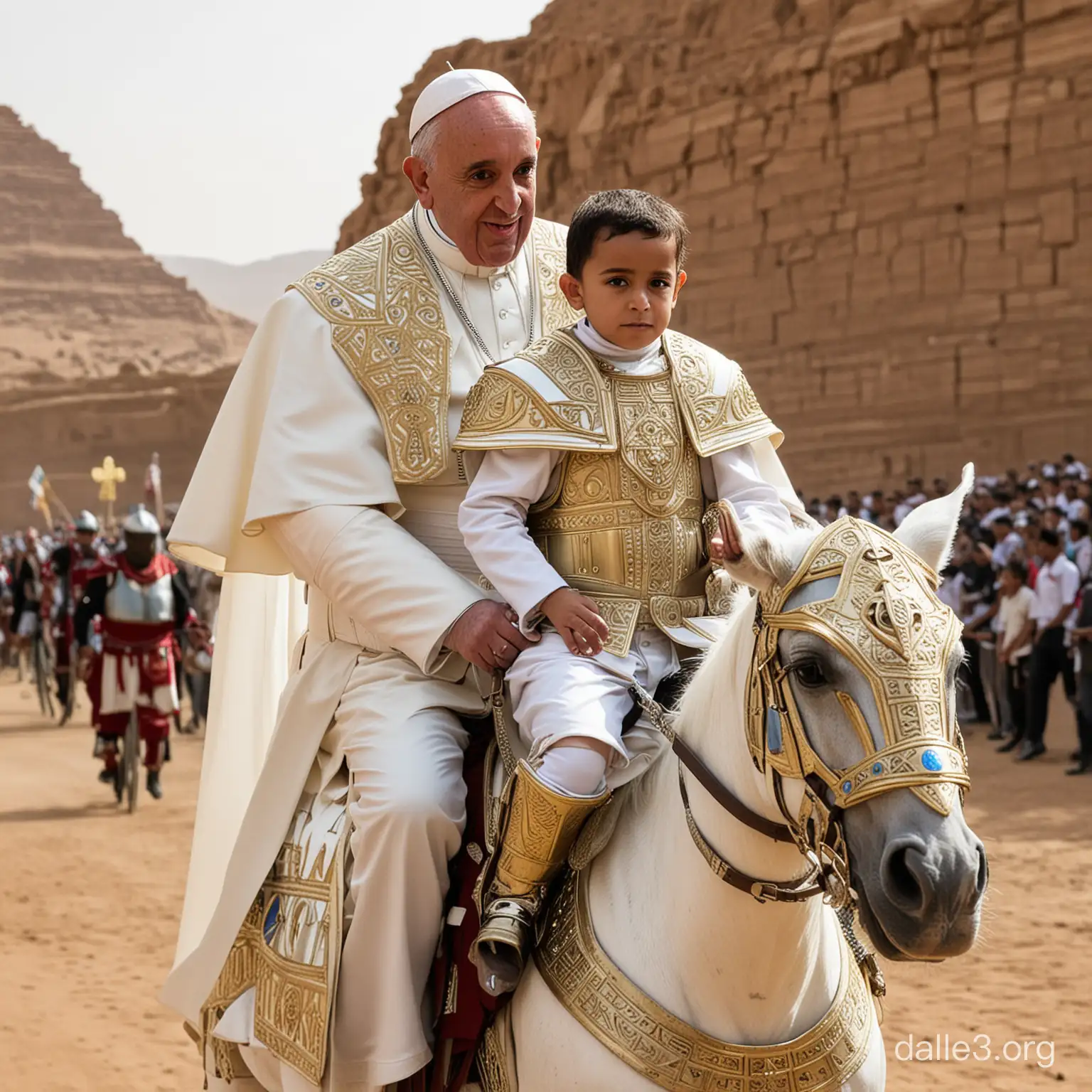 Pope Francis, wearing a futuristic papal armor robes, riding on the shoulder of a young egyptian boy