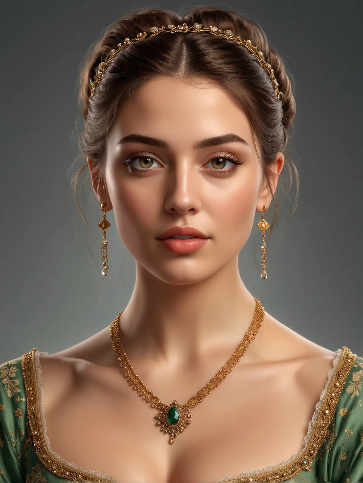 Hyperrealistic Portrait of Elegant Woman in Renaissance Dress with Golden Accessories