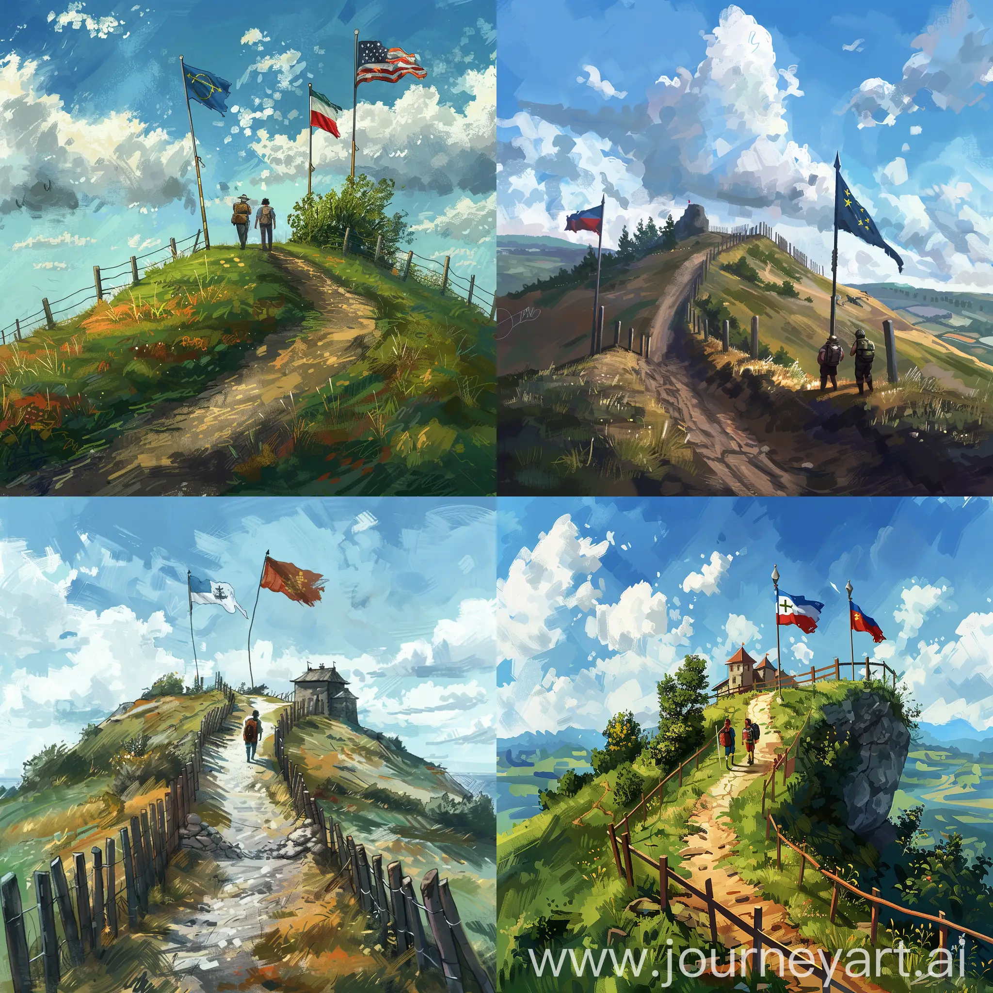 Generate an image of border (without fences) between two countries on the picteresque hill. There should be flag on both sides (fictional flags) and 2 travellers that just met each other on this border