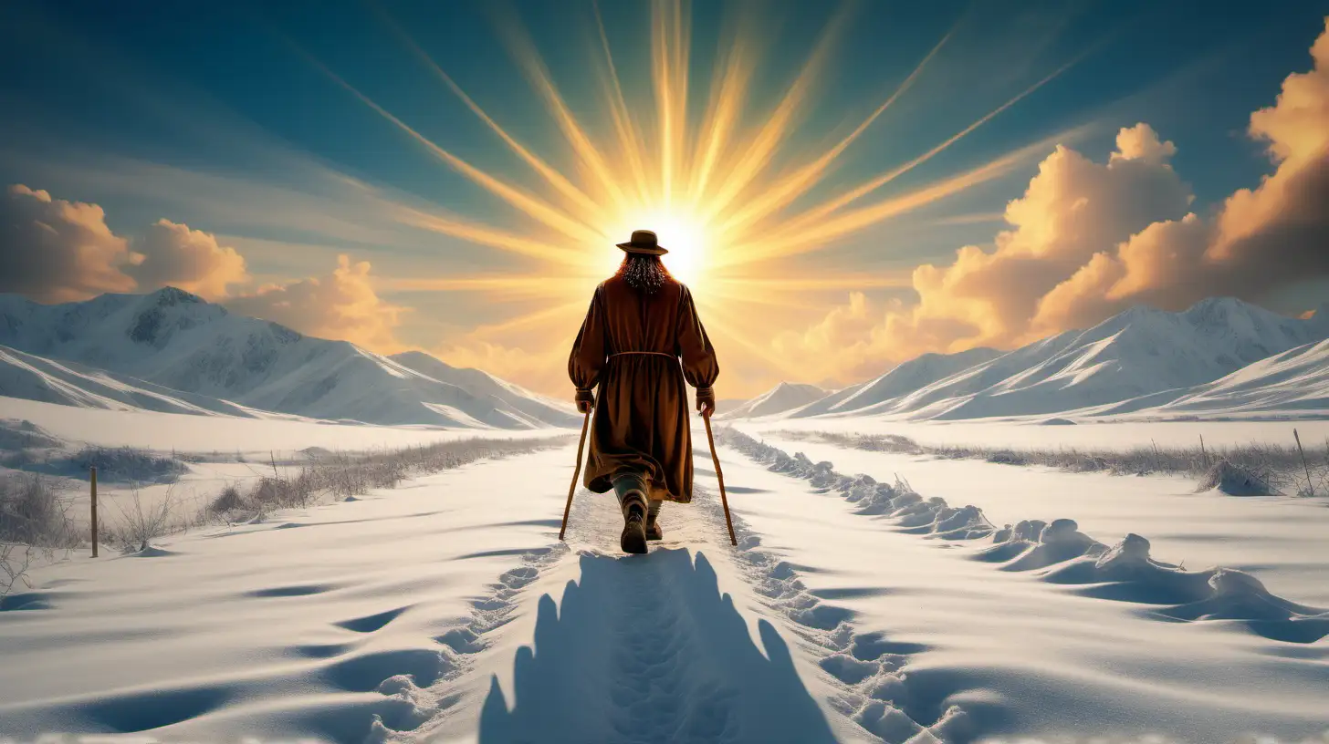 leonardo di vinci style , a man walking in the snow , the sky is full of colors , the sun is shining 