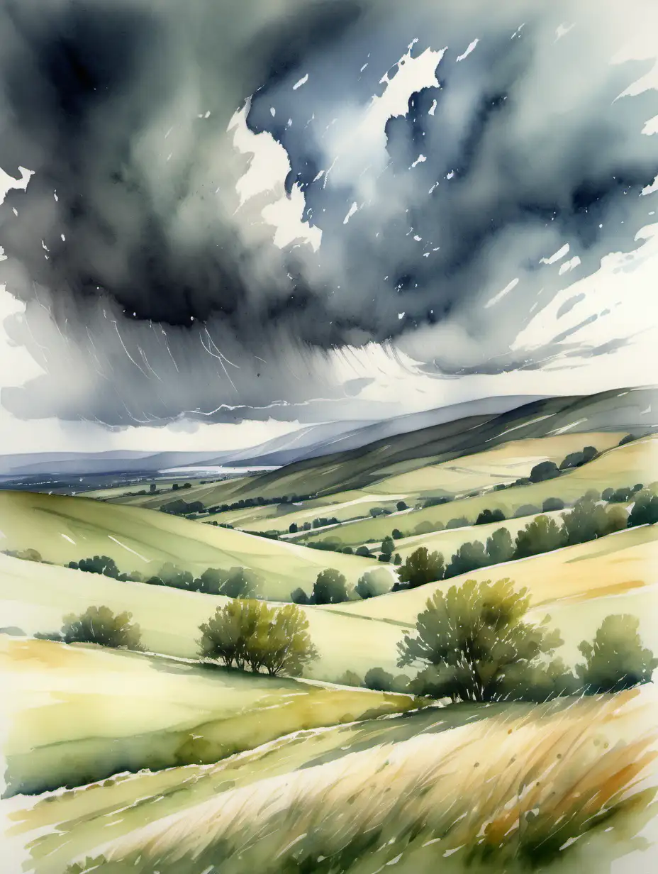 Shelter, storm, clouds , rolling hills, trees blowing in the wind,meadows, water colour