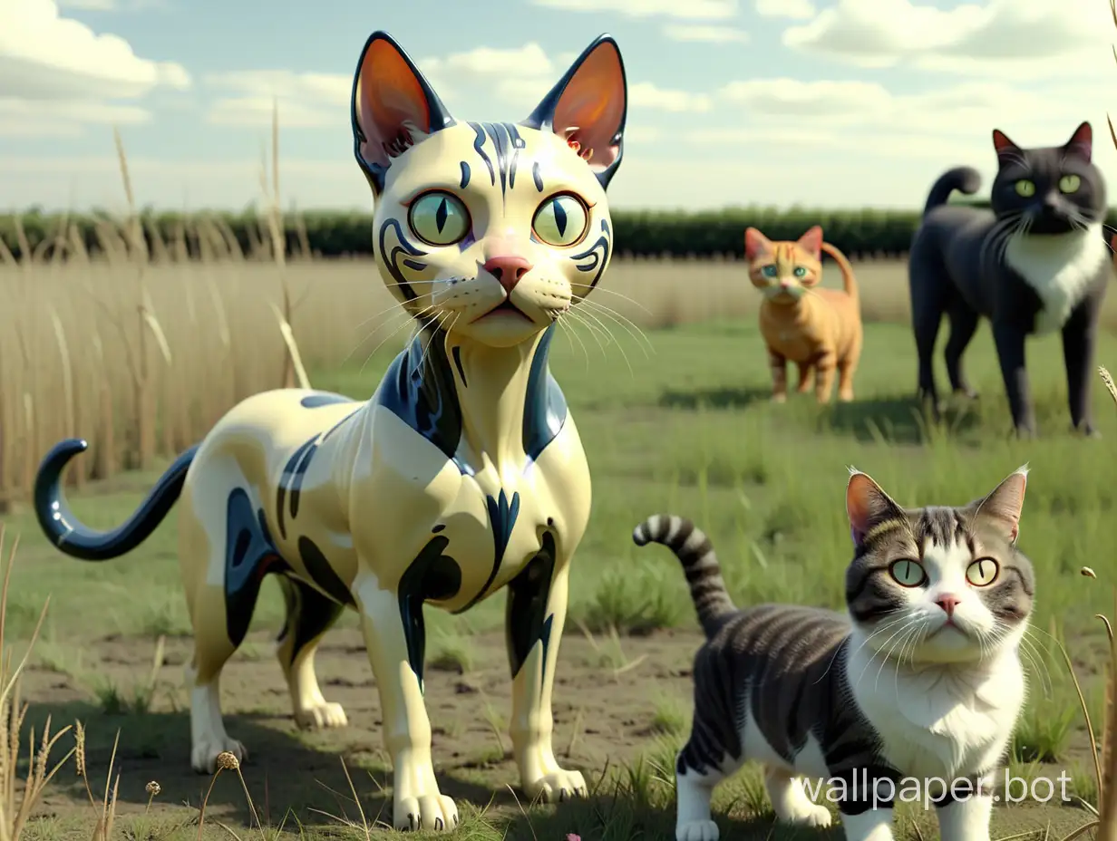 wide shot of a chimerical animal with a dog's body and a cat's head, in a field