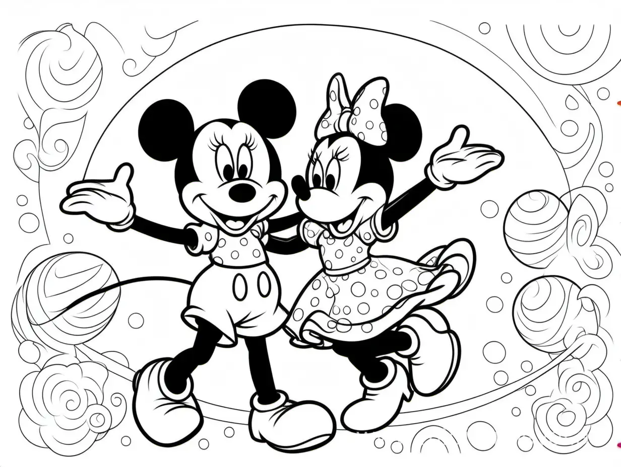 coloring book for kids, image of Minnie Mouse dancing with Mickey mouse, birthday themed, thick lines, no shading