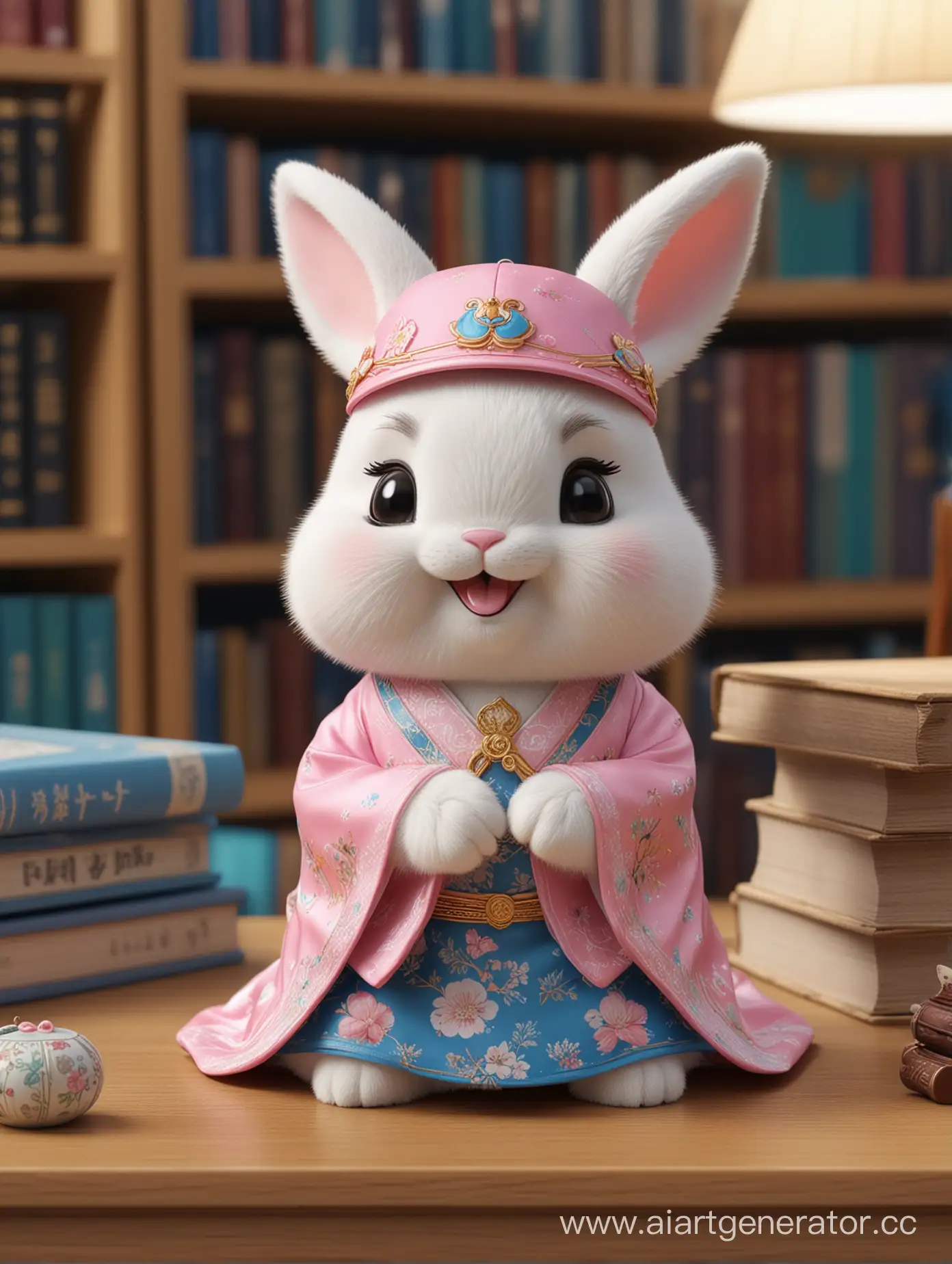 超萌的兔子IP 在书桌前认真看书 带着兔耳朵造型的帽子 可爱的表情 开心的微笑 穿着粉蓝色中国汉服 图书馆场景 盲盒玩具 手办 精美的 3D 效果 全身展示超高精度 超高细节的 完美的灯光 OC 渲染器 Blender 8k超清晰超降噪 --ar 1400:1850
