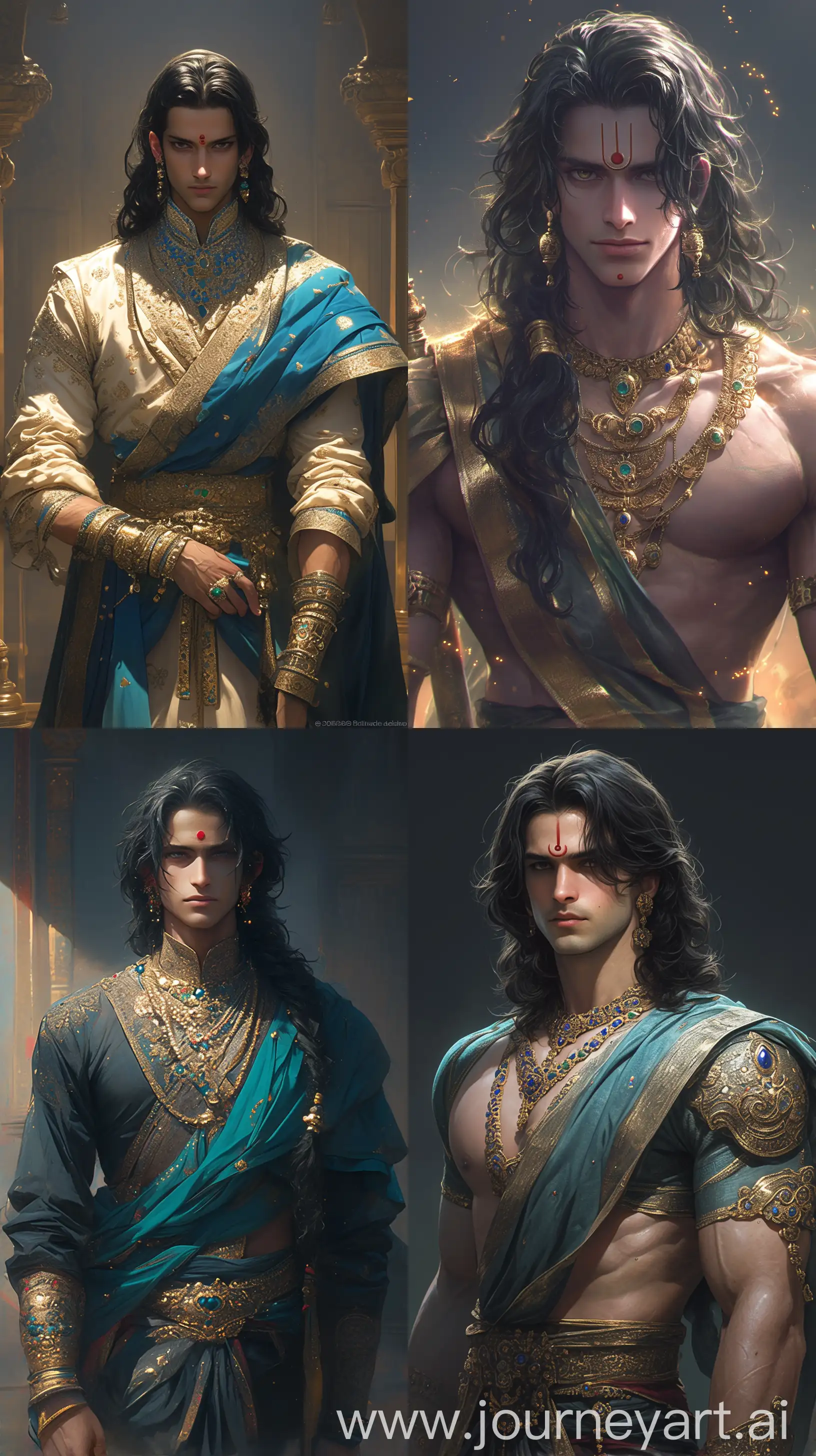 Young Indian prince from the times of the Mahabharata, detailed royal attire with gold and gems, elegant stand, serene expression, luxurious long black hair, ancient Hindu aesthetics, ultra high resolution --ar 9:16 --s 300 --niji 6