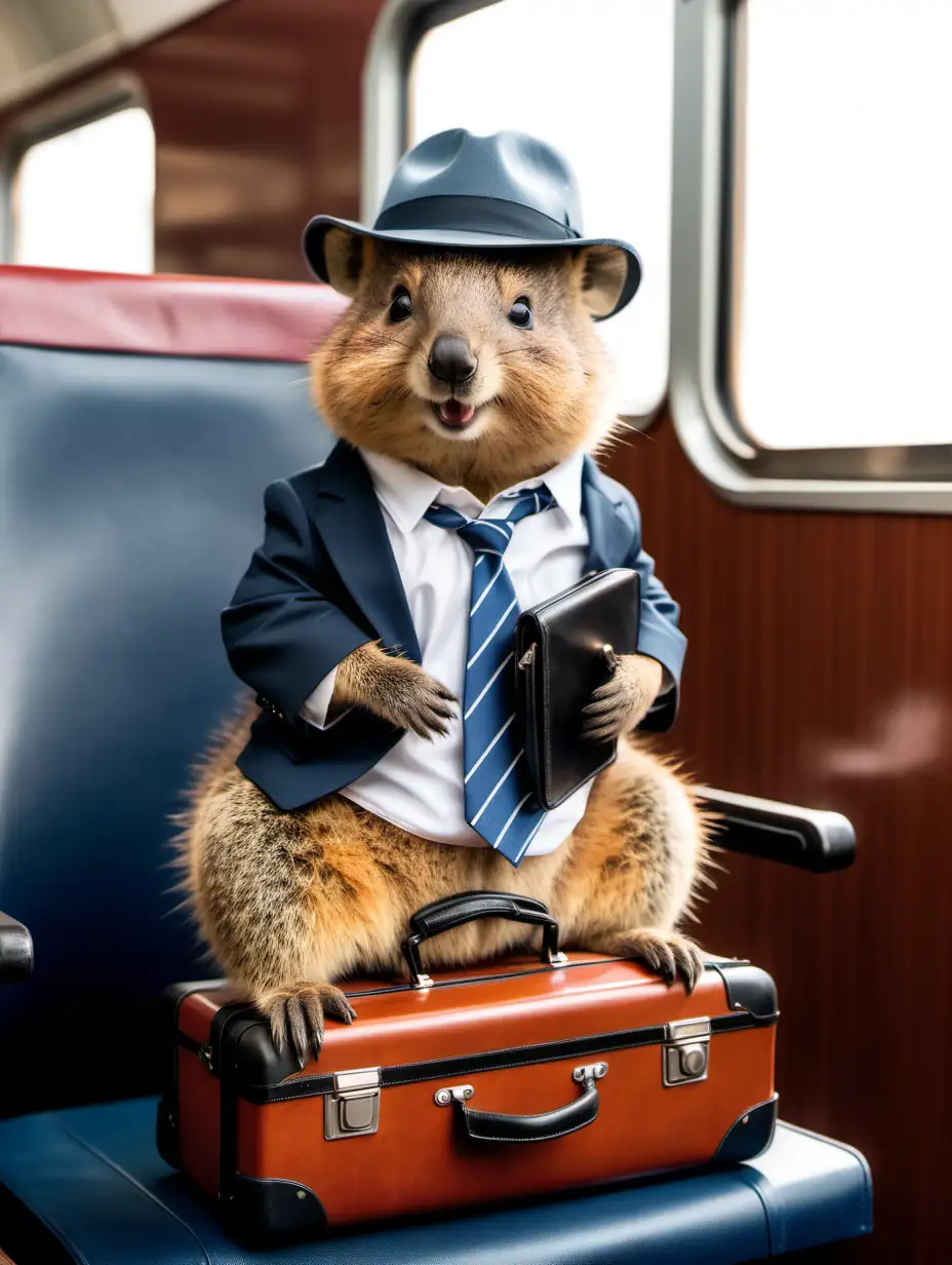 Cheerful Quokka Commuting Quirky Quokka in a Panama Hat and Tie with Briefcase on Train