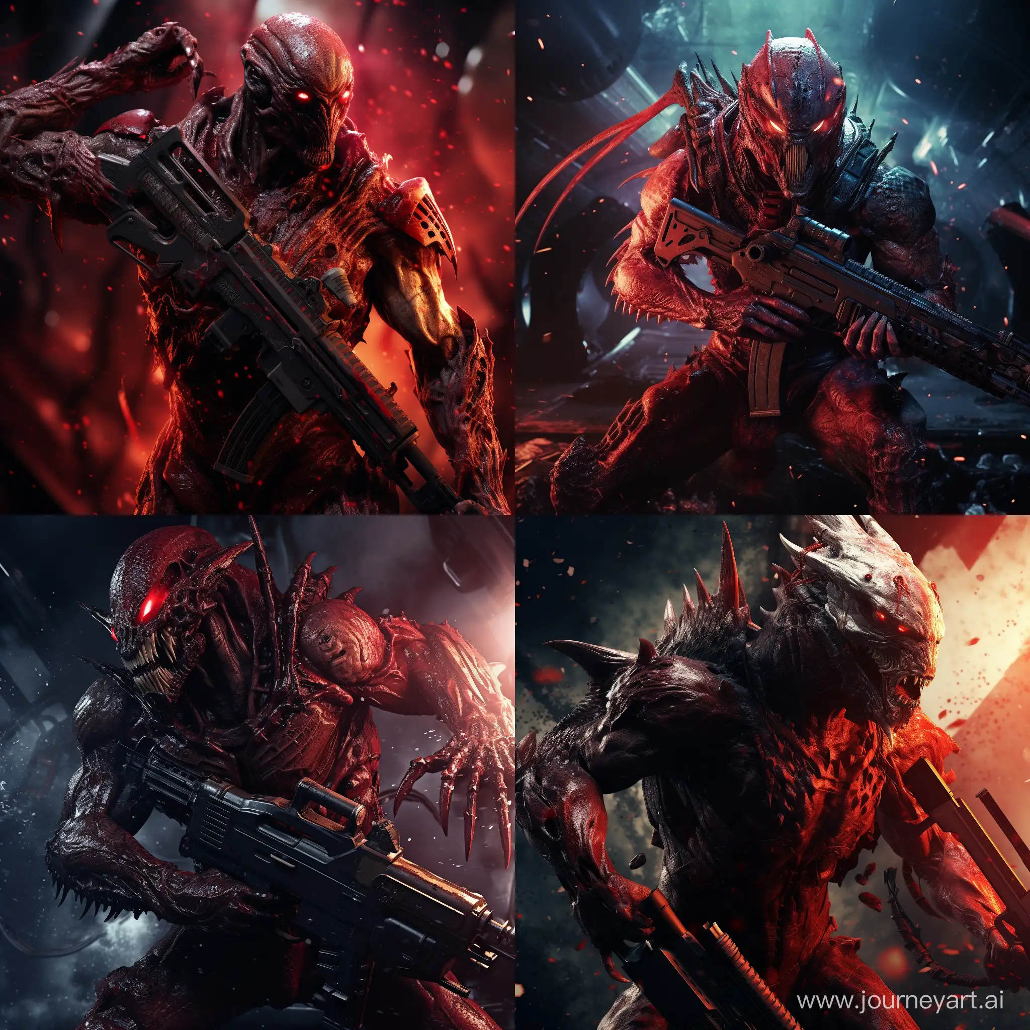 dragon man, space soldier, red skin, armed with a sniper, evil, on a spaceship, blood splatter, film grain, perfect composition, film grain, film lighting, full body
