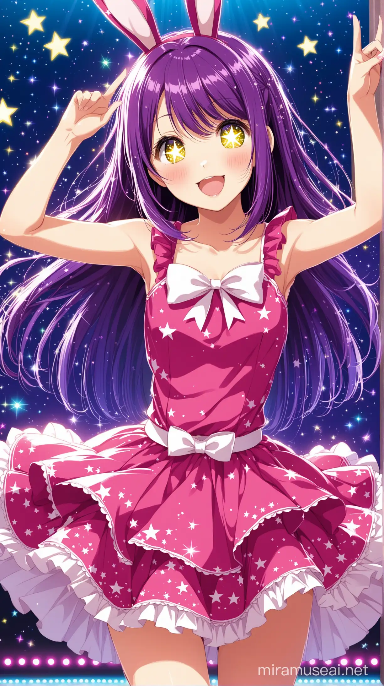 Ai Hoshino, "Oshi no ko", long purple hair, a rabbit-shaped barrette, dancing, cute, stars on eyes, idol's costume