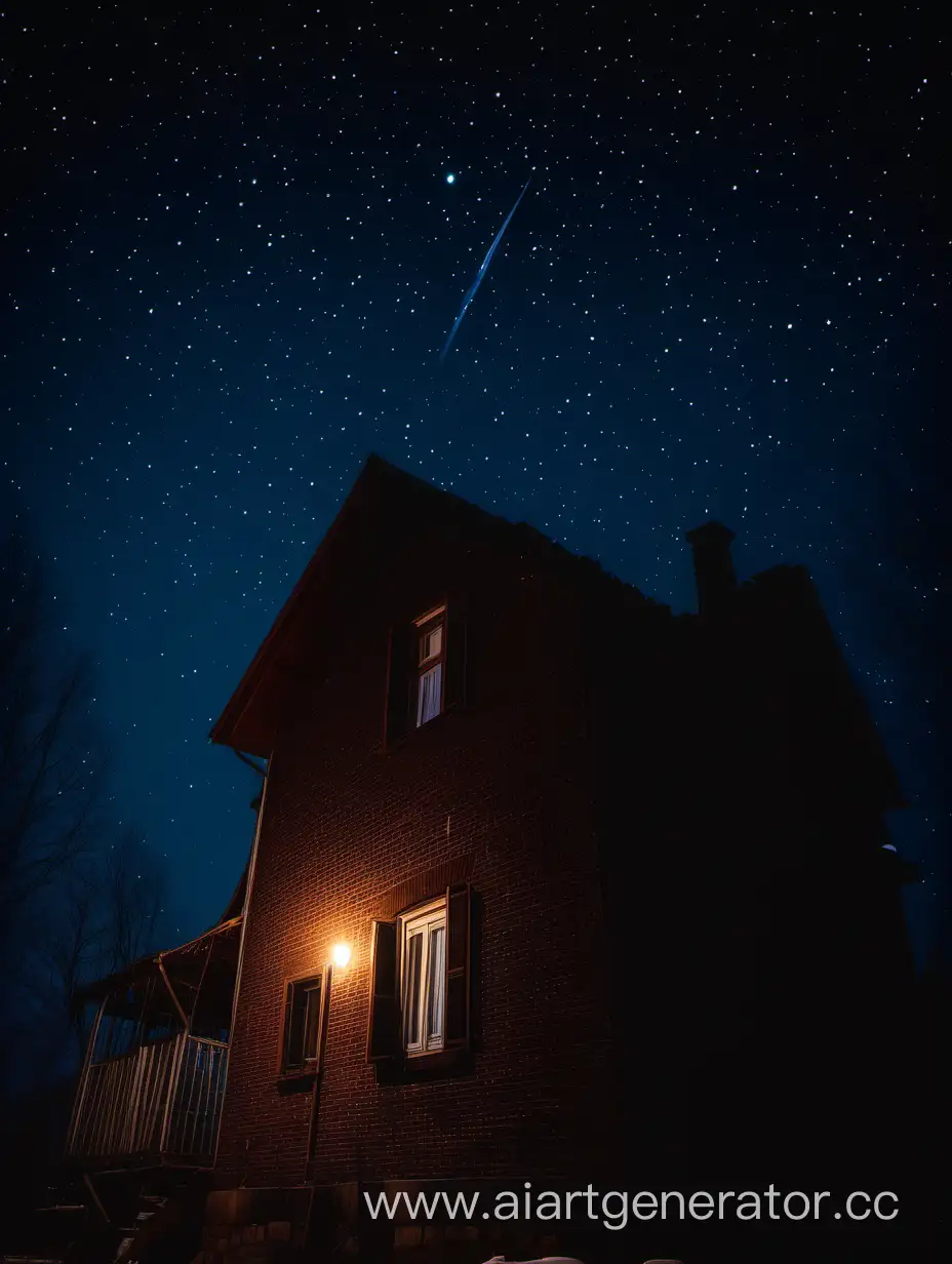 a star falls on the background of a house at night, a romantic photo