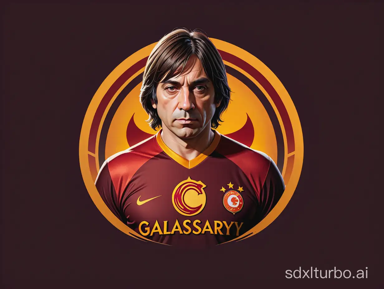 Design the logo with the character of Anton Chigurh wearing a Galatasaray jersey