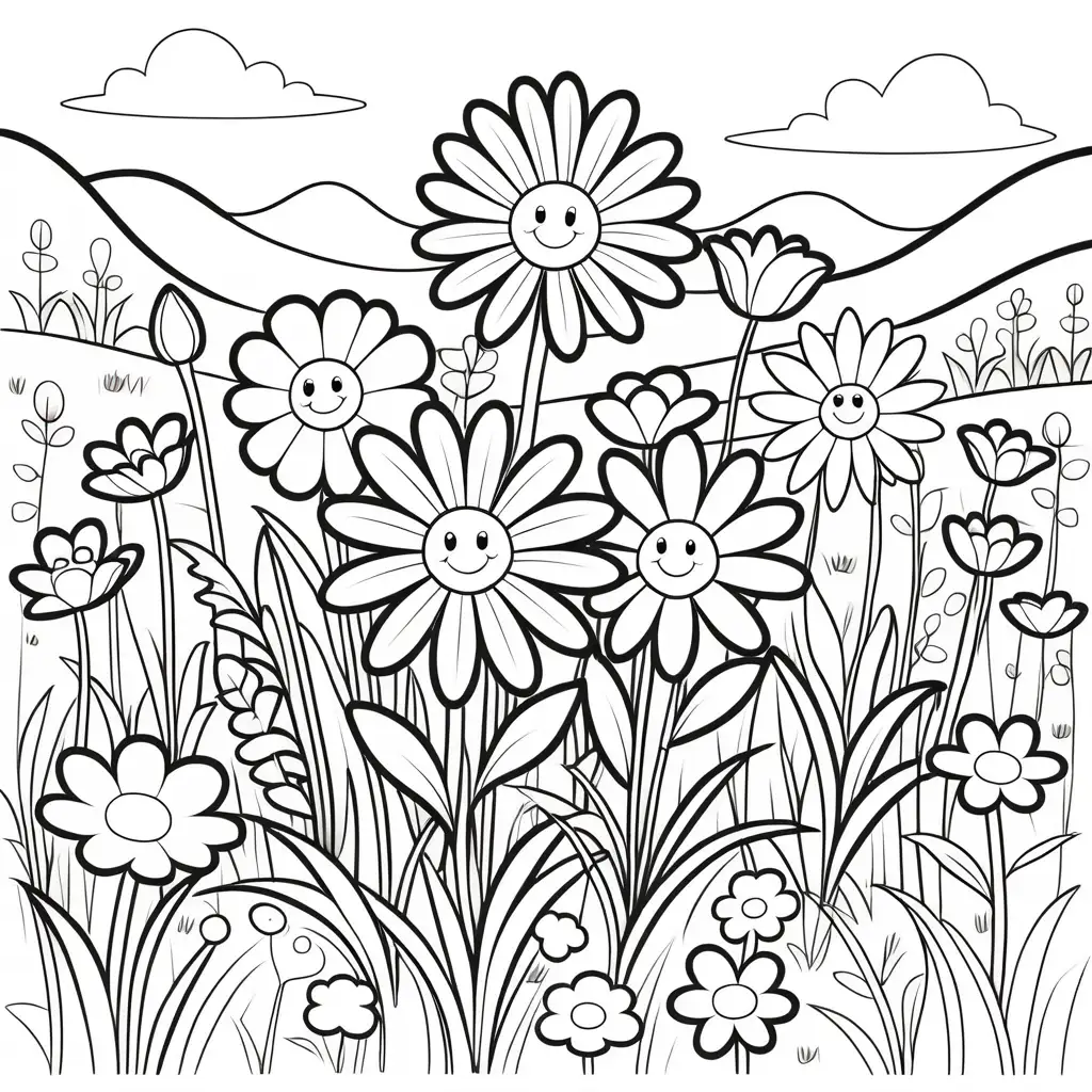 toddler coloring page of flowers in a meadow, no dither, no fill, thick black outline, cartoon