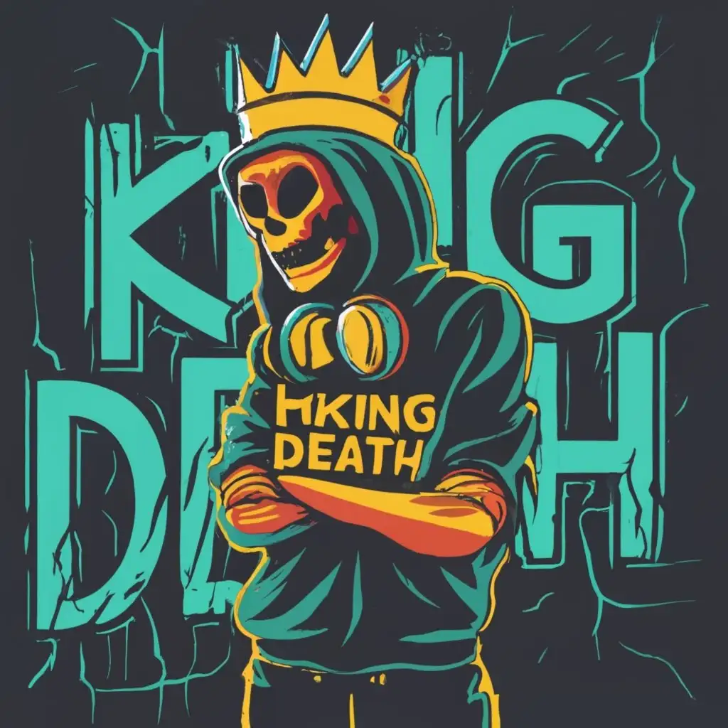 logo, a boy wearing a black mask with a crown and headphones and a black hoodie with black ripped jeans with fire and lightning around him, with the text "~King Death~", typography, be used in Internet industry