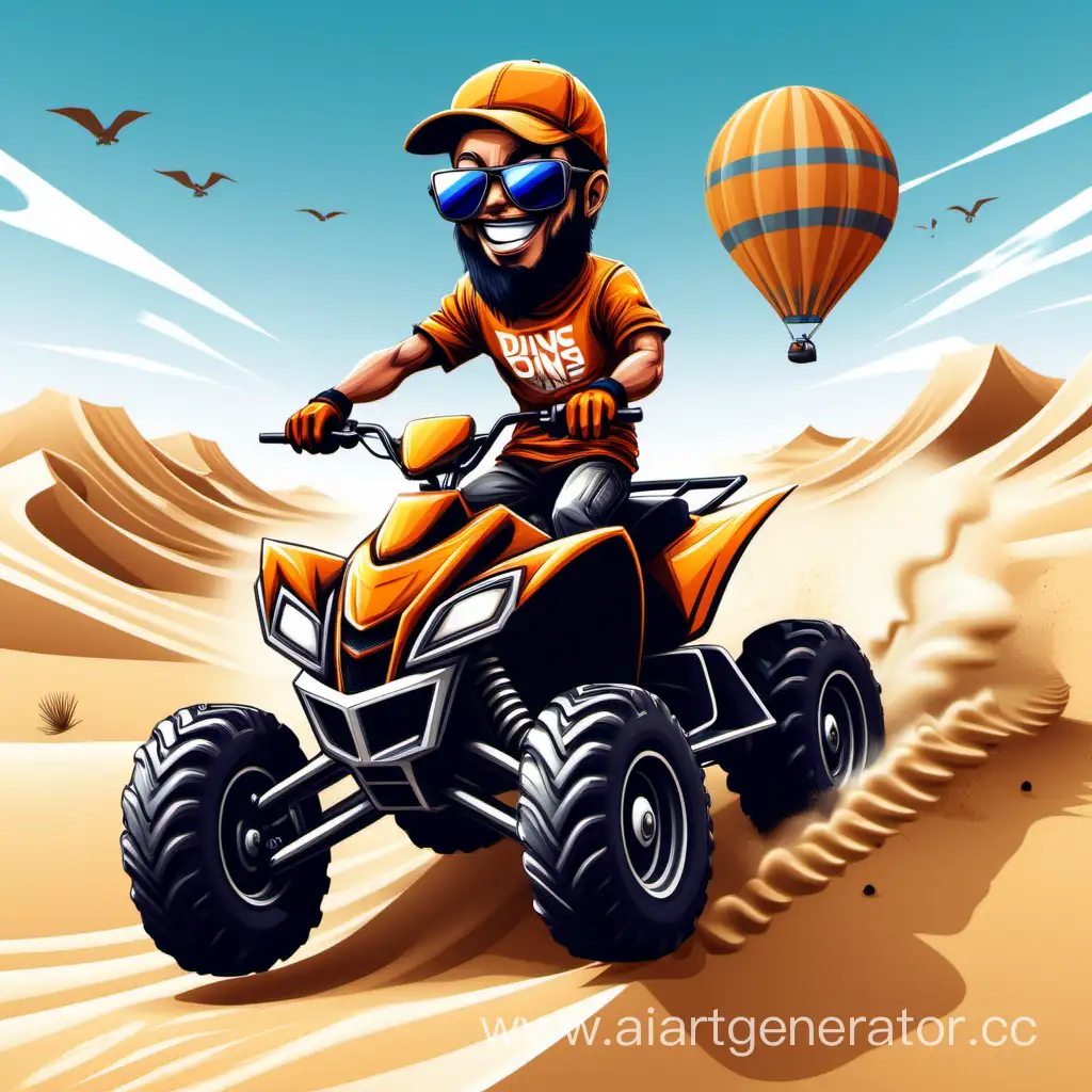 Create a T-shirt design featuring a vector character riding an ATV in the Glamis Dunes desert, with a humorous theme. The design should have a white background and incorporate elements such as typography, illustration, and graffiti for a visually engaging 3D render. Ensure the final design is in 4K full UHD resolution for optimal quality.