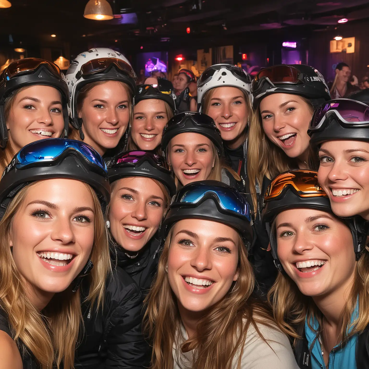 Joyful Females in Ski Helmets Celebrating at a SilverThemed PostSki Party
