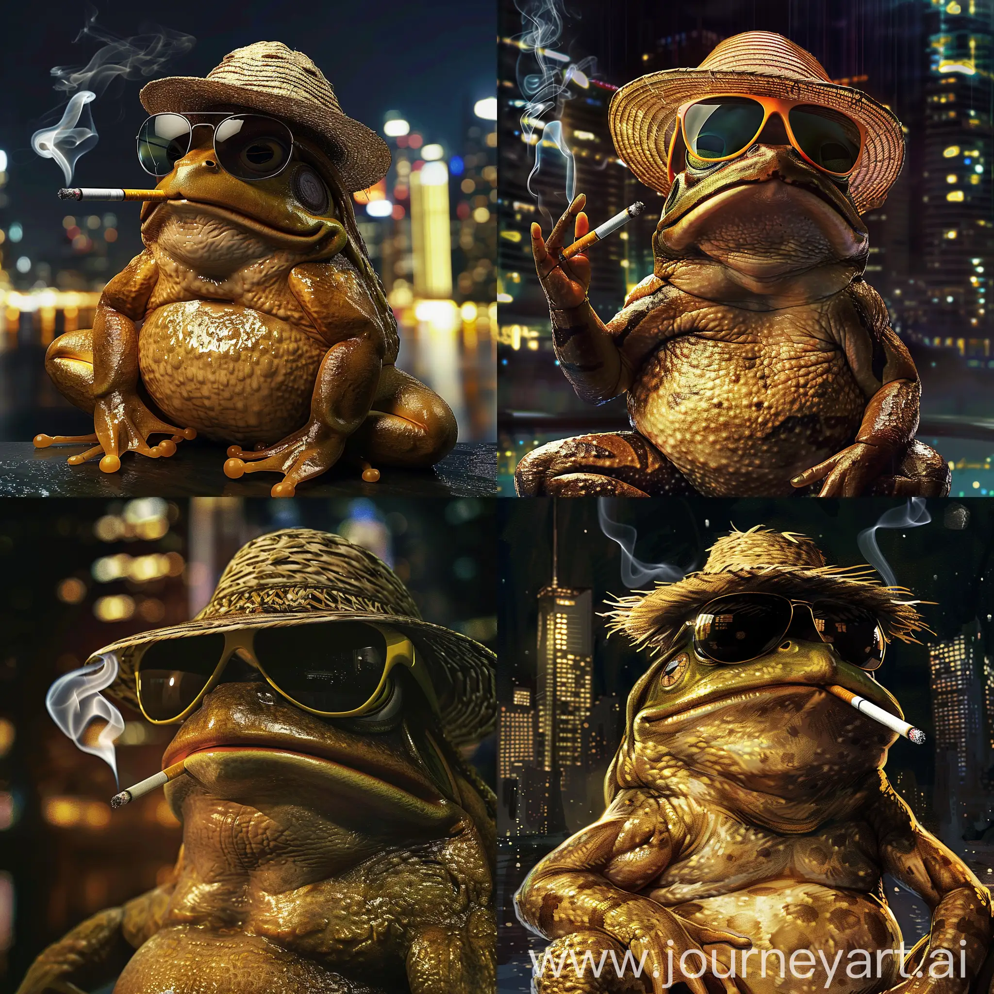 frog, fast, cigarette in mouth, straw hat on head, brown-yellow, in sunglasses, sitting against the backdrop of the night city --v 6 --ar 1:1 --no 16499