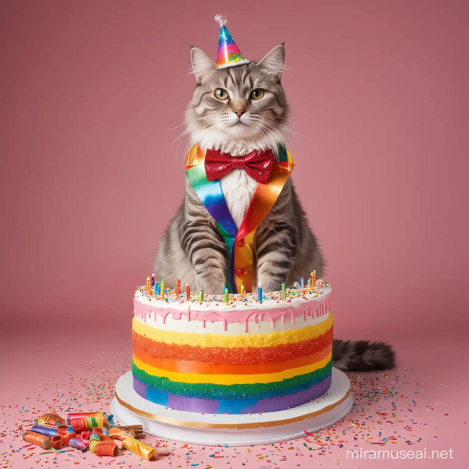 photo of a cat wearing a sparkly rainbox tuxedo celebrating his birthday with a large cake