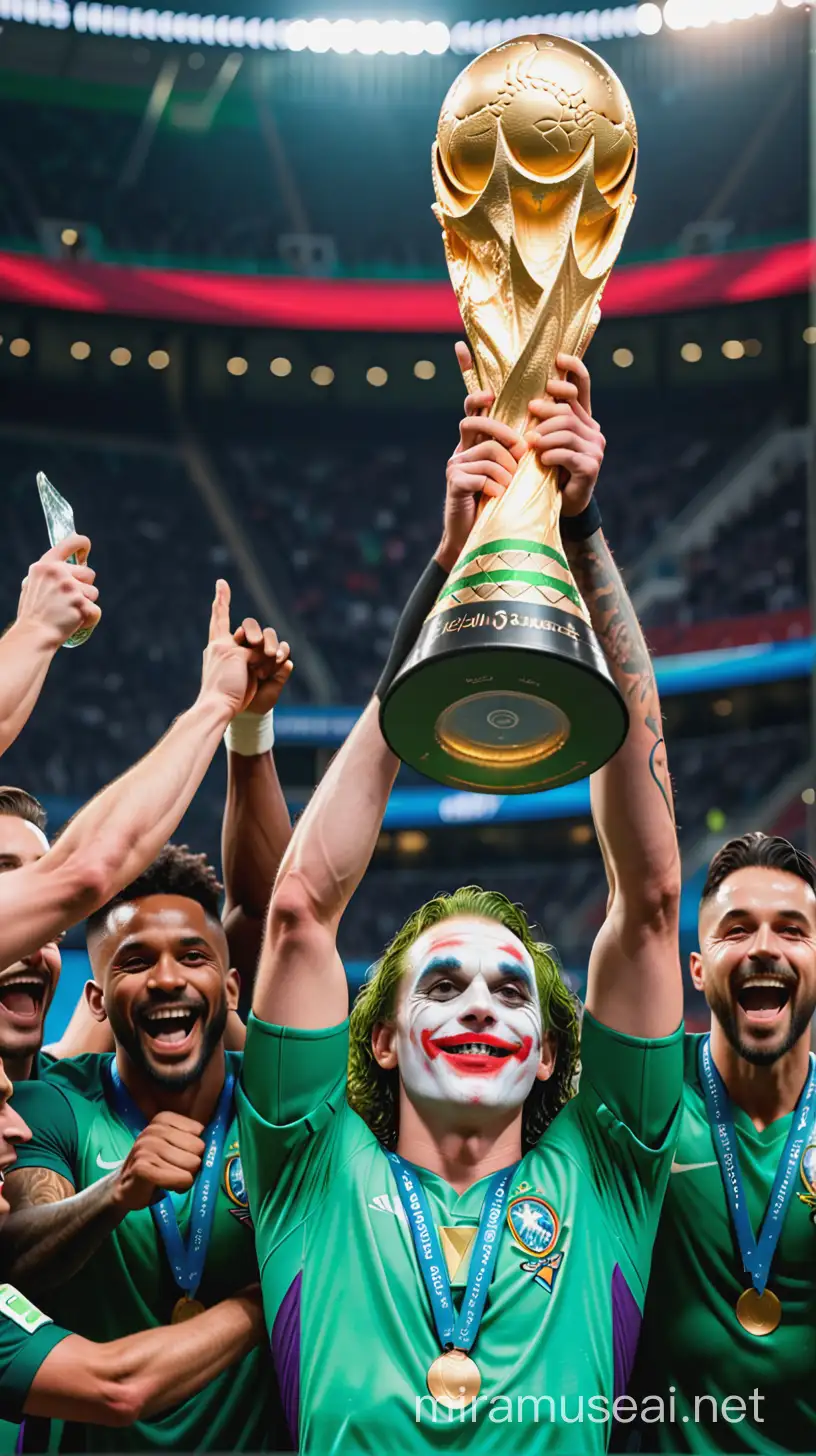 Joker as a football player lifting the world cup trophy with his teammates 
