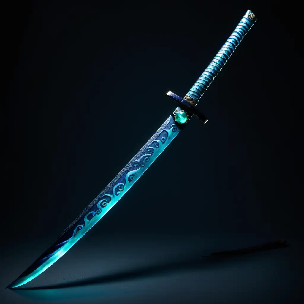 a long, luminous deep blue katana with sea green wave markings and a blue gem in the hilt