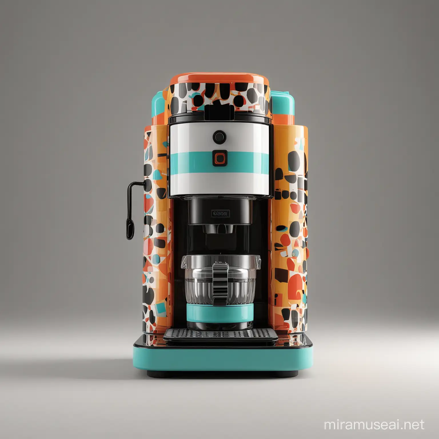 Genera una imagen realista de una cafetera con fuerte influencia del Grupo Memphis, en el estilo del diseñador Ettore Sottsass. La cafetera debe estar sobre un fondo liso, iluminado naturalmente, capturada con un estilo fotográfico que resalte su diseño y detalle. Integra colores vibrantes, formas geométricas audaces, patrones llamativos y texturas inspirados en el Grupo Memphis para reflejar la estética única de Sottsass. SUPER EXAGERADO QUE SE NOTE INSPIRADO EN EL MUEBLE CASABLANCA DEL GRUPO MEMPHIS"