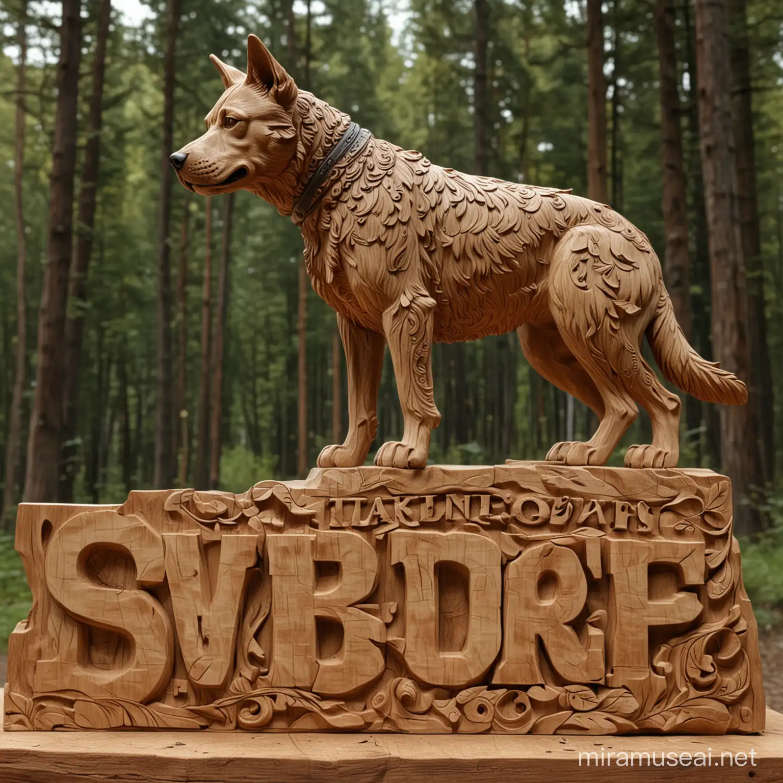 carving three dimensional sculpture of a dog, made out of wood that stands fully upright, a man wearing a vest and has tattoos working to make the carving, carve the words "By Paul" under the sculpture. Forest background. Realistic 180k, UHD, make it real.