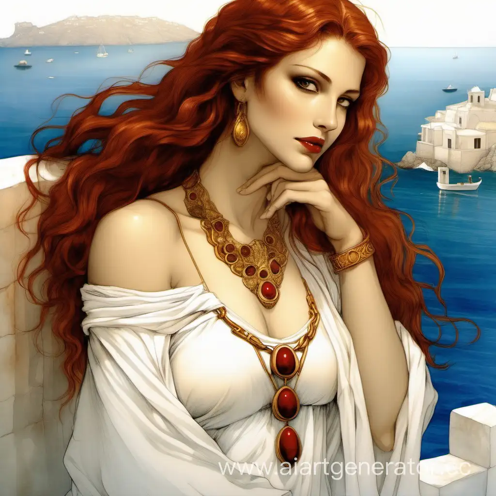 Greek-Princess-with-Auburn-Hair-and-Golden-Shell-Jewelry-by-the-Sea