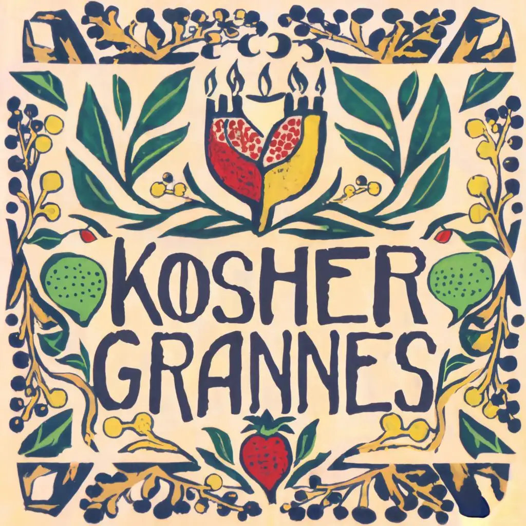logo, logo, art nouveau, block print, Paul Klee, yellow, blue, white, green, rectangular format, pomegranate, olives, 7-branch Menorah, Israel theme, star of David, with the text "Kosher Grannies", with the text "Kosher Grannies", typography, be used in Home Family industry