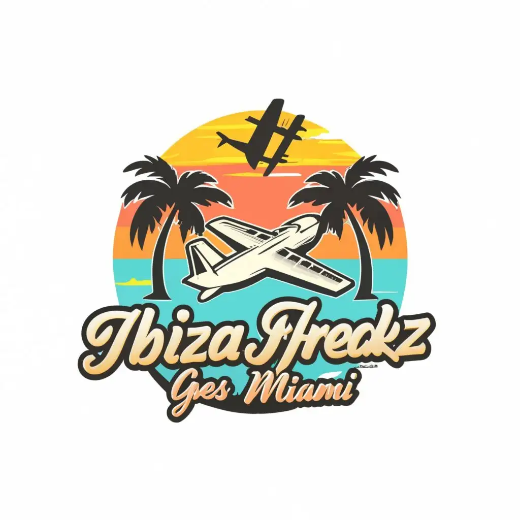 logo, Palm tree airplane, with the text "Ibizafreakz goes miami", typography, be used in Travel industry
