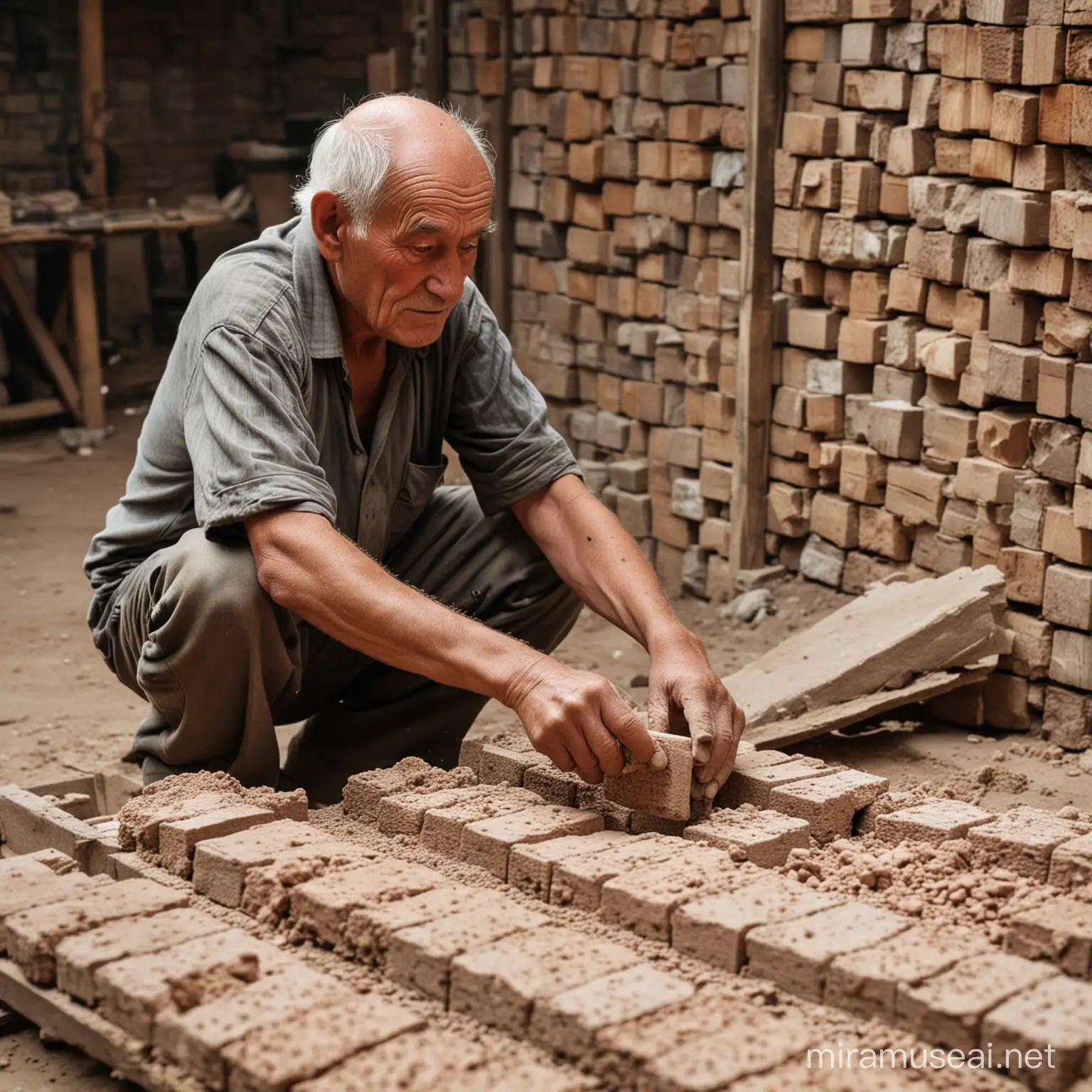 an old man making bricks out of grain in a small factory