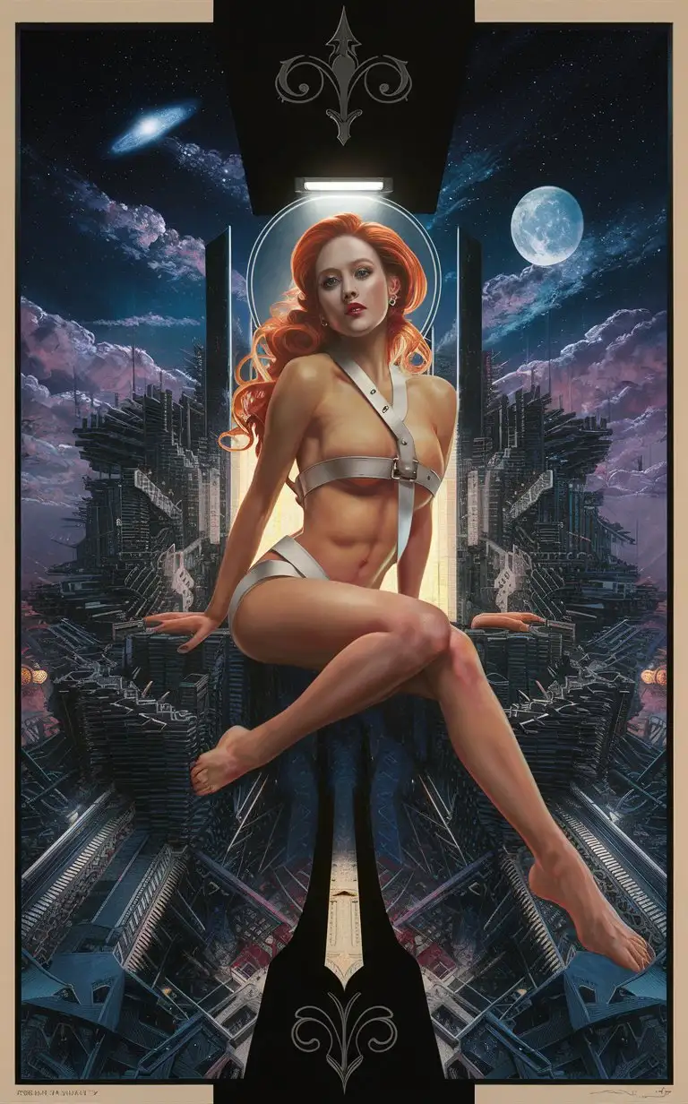 Fucking sexy amazing beautiful (fifth_element) no clothes cute happens women full body lower angle, With long wavy orange hair with white leather harness sitting on gigantic megastructure architecture By Tsutomu Nihei, with nighten moon and galaxy. backlight, symmetrical black Ornament Frame by William Morris style. hyperdetailed painting. Symmetrical composite, golden Ratio, galactic space trash, floating in a sea of mirrors Ultra detailed painting. old Japanese posters style