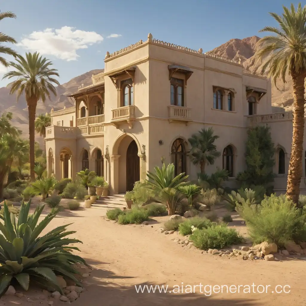 Luxurious-Manor-Amidst-Lush-Oasis-Bordering-Desert-Landscape