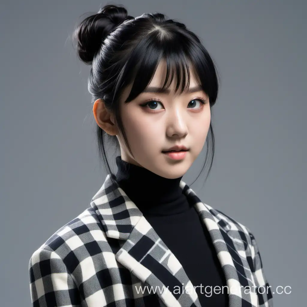 Stylish-Japanese-Woman-in-Checkered-Blazer-and-Black-Turtleneck