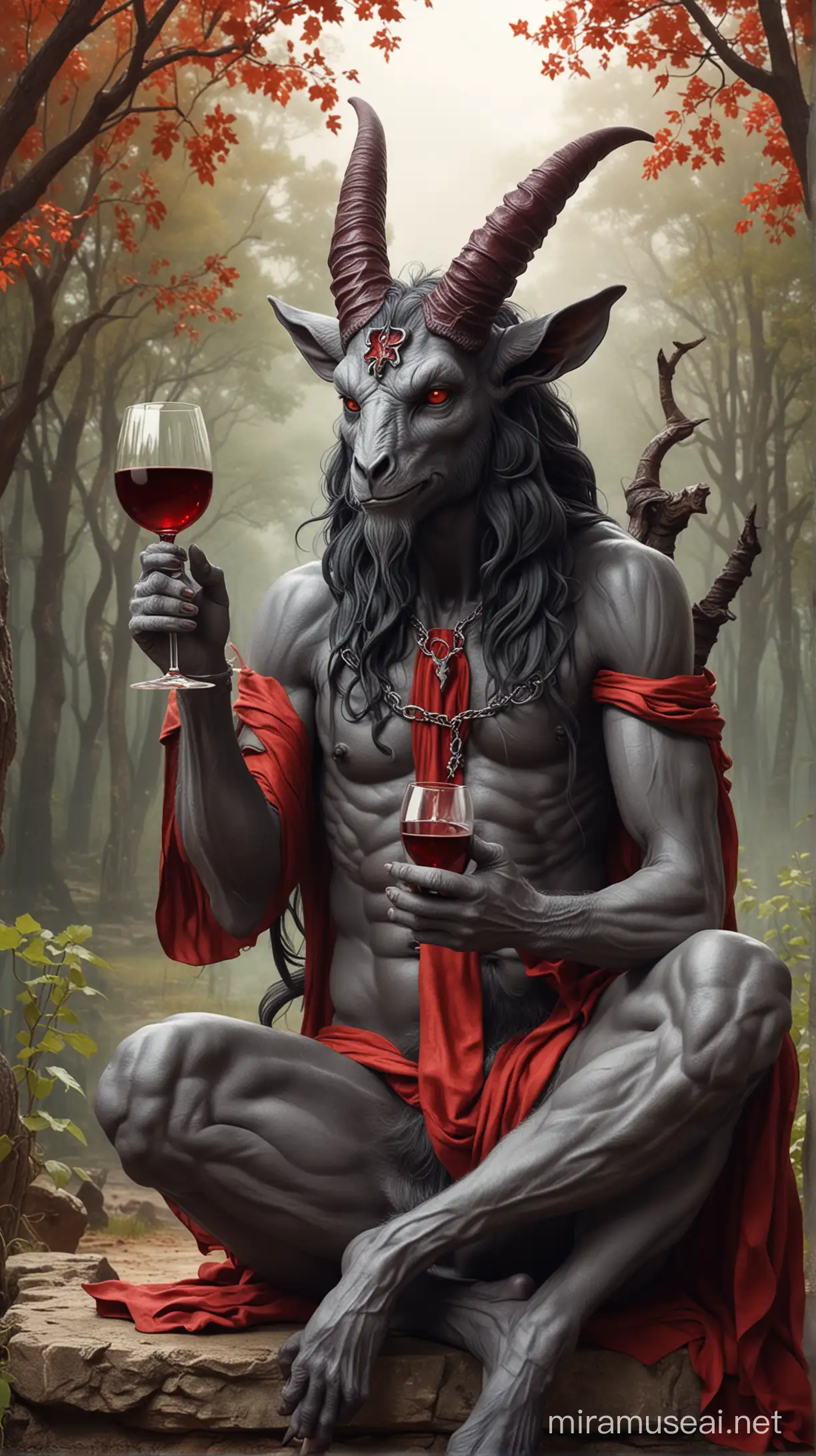 Baphomet,cartoon,sentado bebiendo vino,colores grises y rojos,fondo naturaleza,dibujo animado