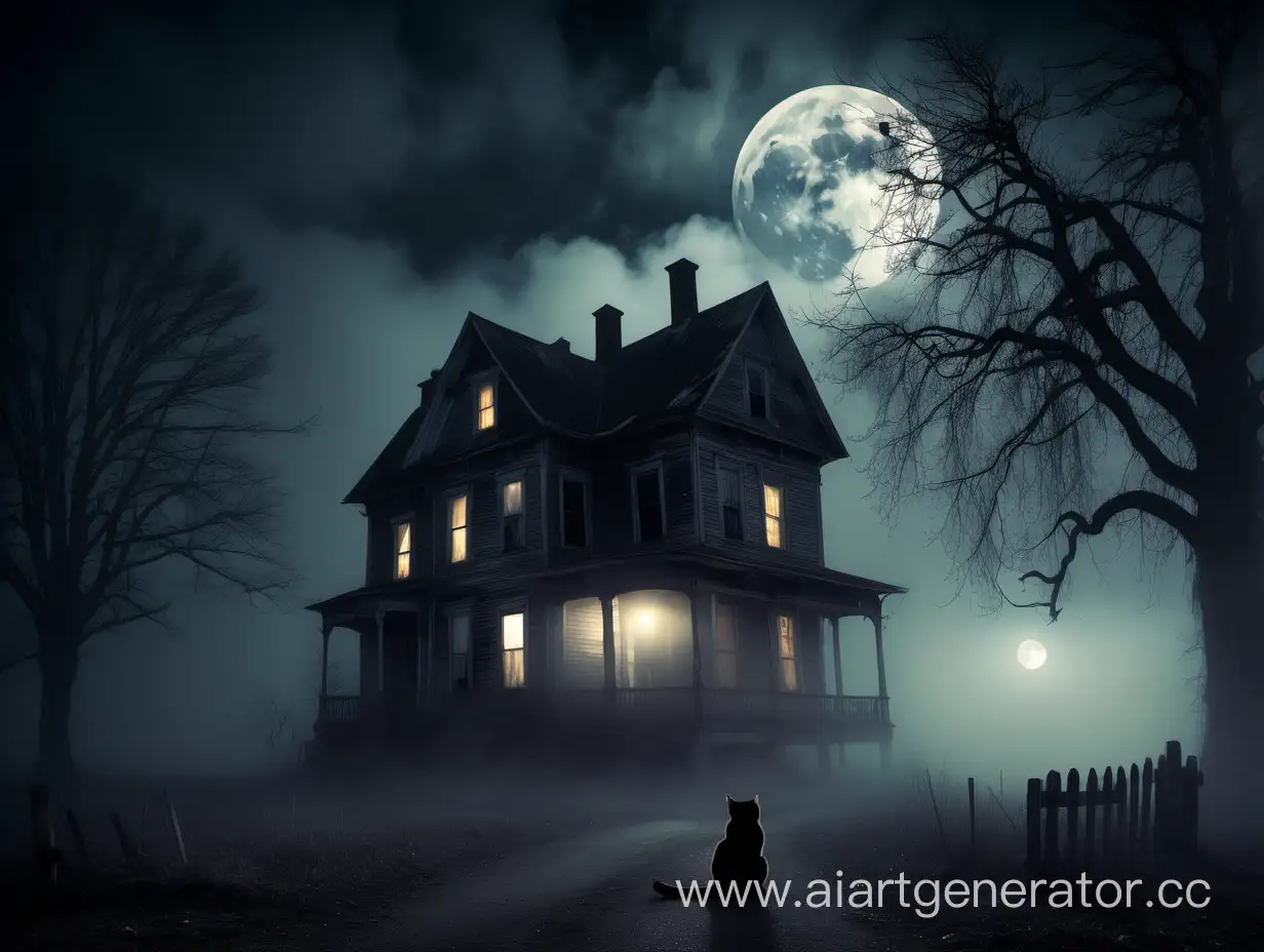 Mystical-Night-Eerie-Old-House-and-Ominous-Cat-in-the-Moonlit-Fog