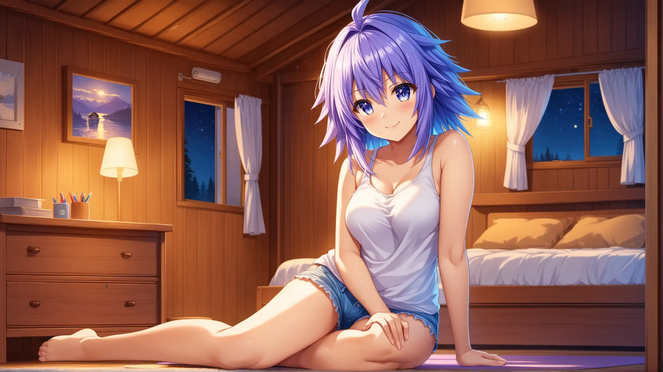 Draw the character Neptunia, high quality, indoors, cabin, ambient lighting, long shot, in a seductive pose, wearing a casual outfit, looking at the viewer with a loving smile