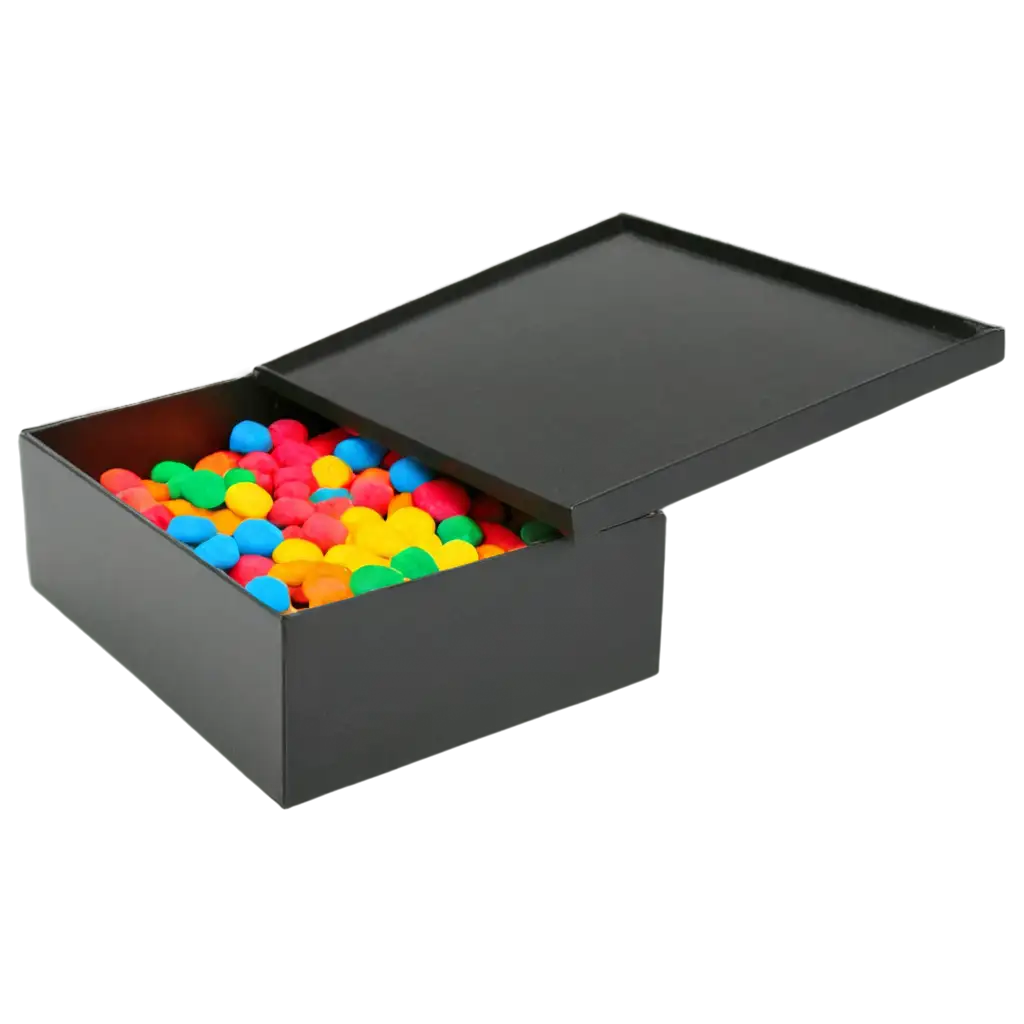 A box of candies stands with the lid open