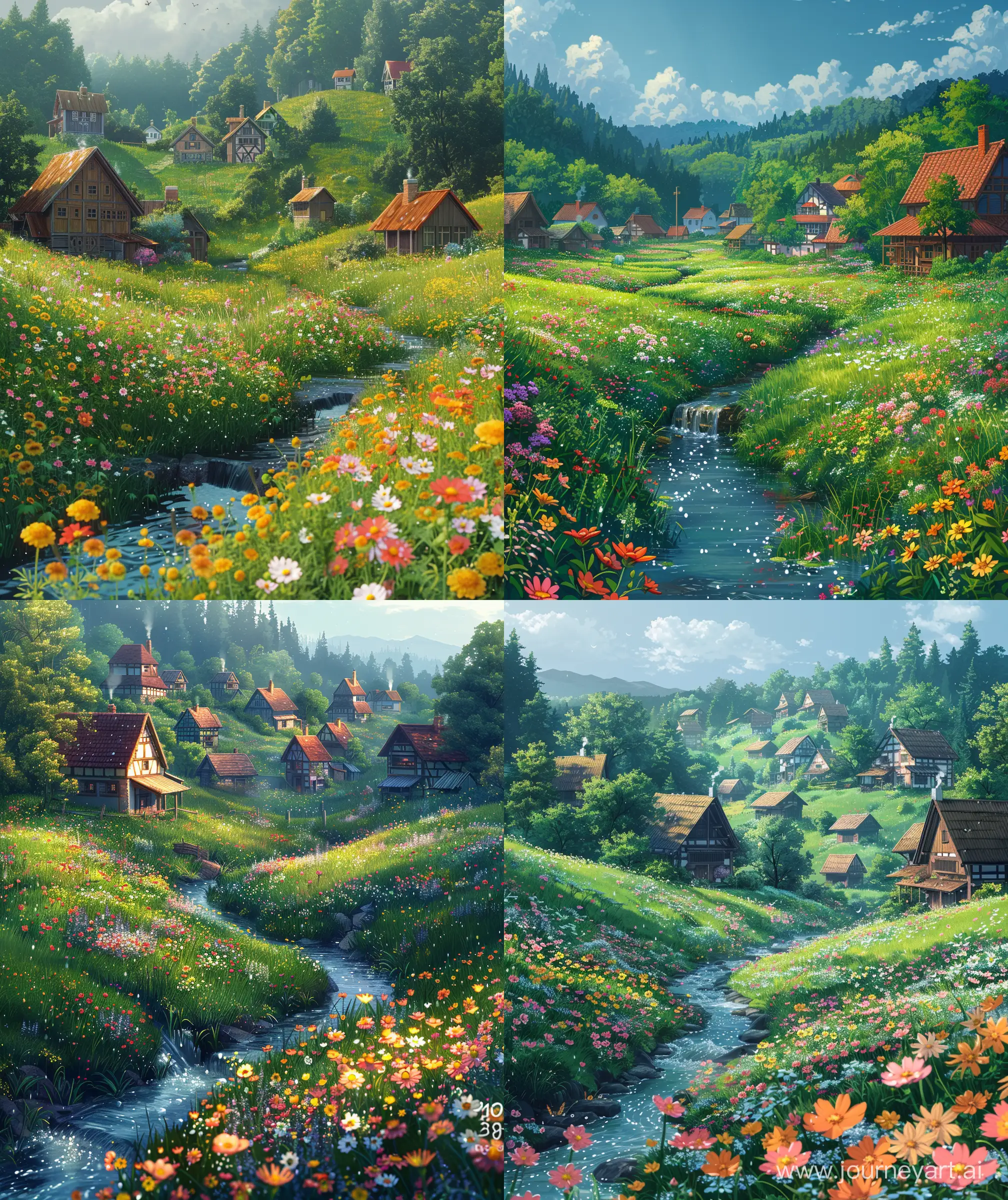 Tranquil-GhibliStyle-Anime-Countryside-Serene-Morning-with-Flowers-and-Stream