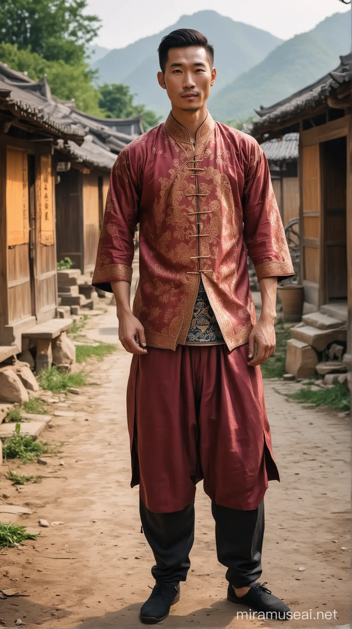 一位身材高大魁梧的中国帅哥穿着修身的民族服装在傣乡拍写真