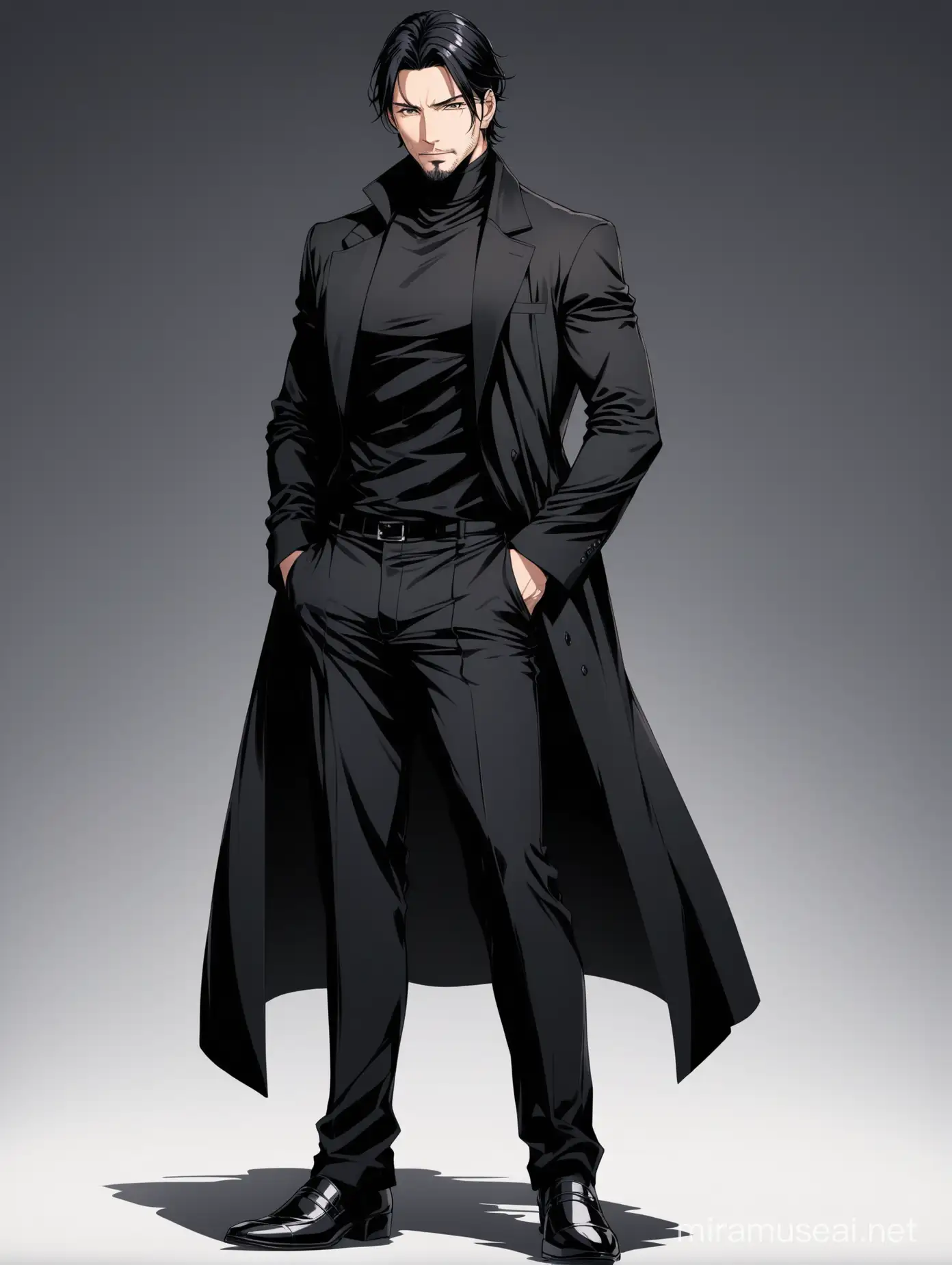 Anime handsome man in his forties, wearing black clothes (black suit, black turtleneck, long black coat, black pants, and black shoes), with black hair.