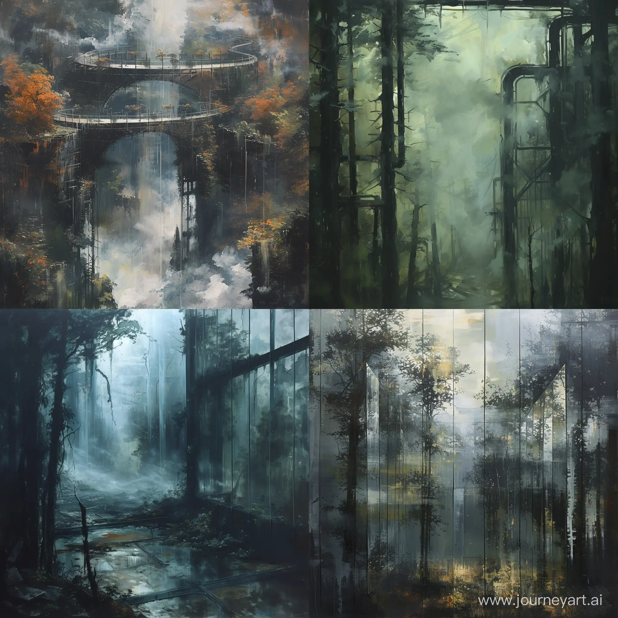 A beautifully drafted (((oil painting))), with thick, dramatic (((strokes))) capturing a gritty, steel-and-glass ((forest)) surrounded by a (mysterious mist)
--ar 16:9 
