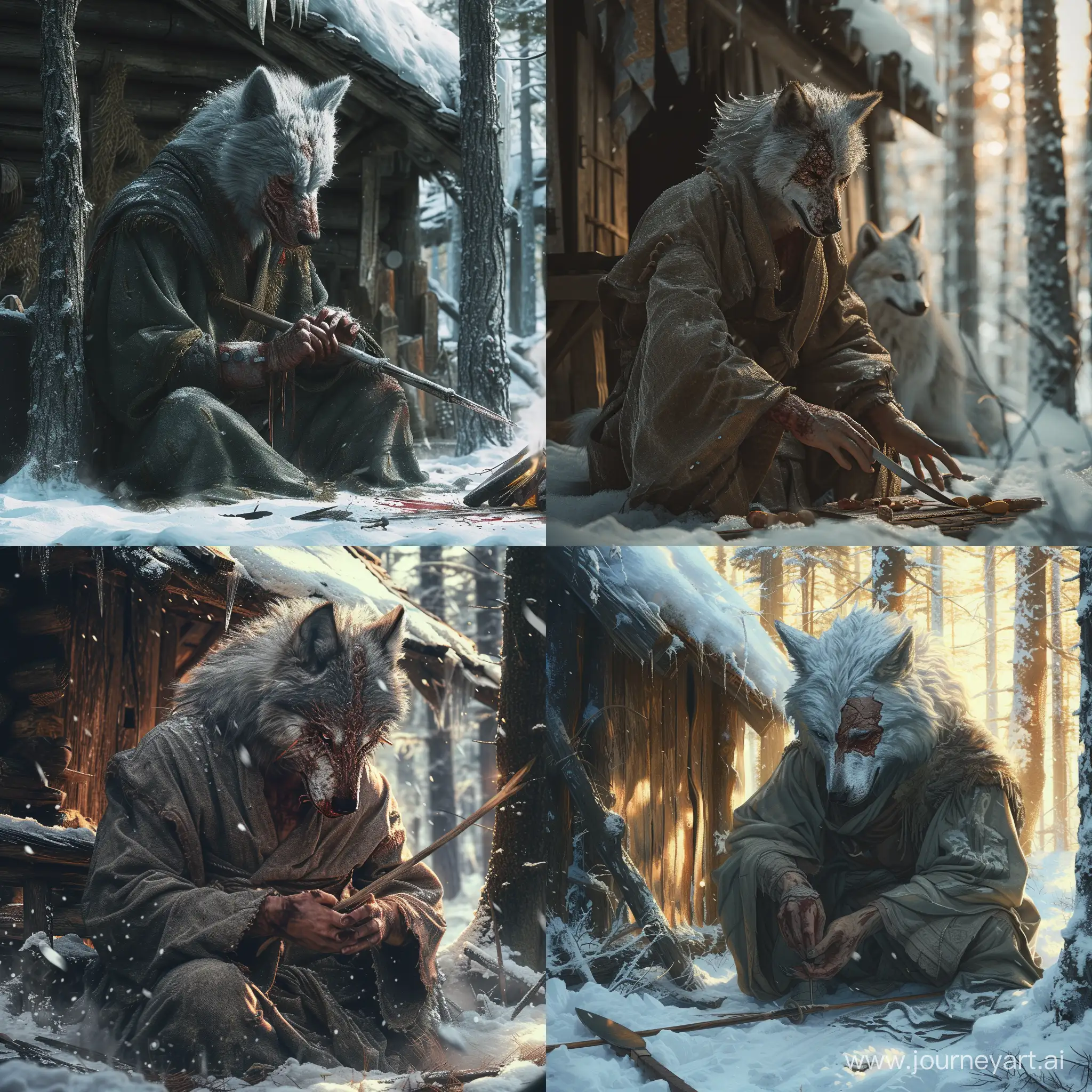 A warrior with wolf's head and human body,The leader of the white wolves,A big old wound on face,wearing a robe,in snowy forest,Next to the wooden hut,He is making a spear with a knife,Detailed clothing.incredible detail,warm light.
